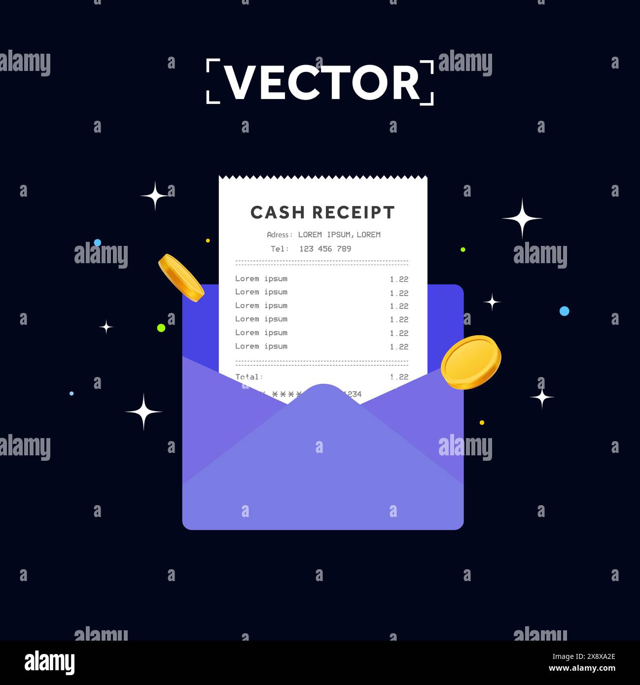Ricevuta di acquisto o fattura all'interno di una busta, con monete dorate, isolata su sfondo scuro. Banner o modello e-mail per la ricevuta di pagamento. Illustrazione vettoriale. Illustrazione vettoriale Illustrazione Vettoriale