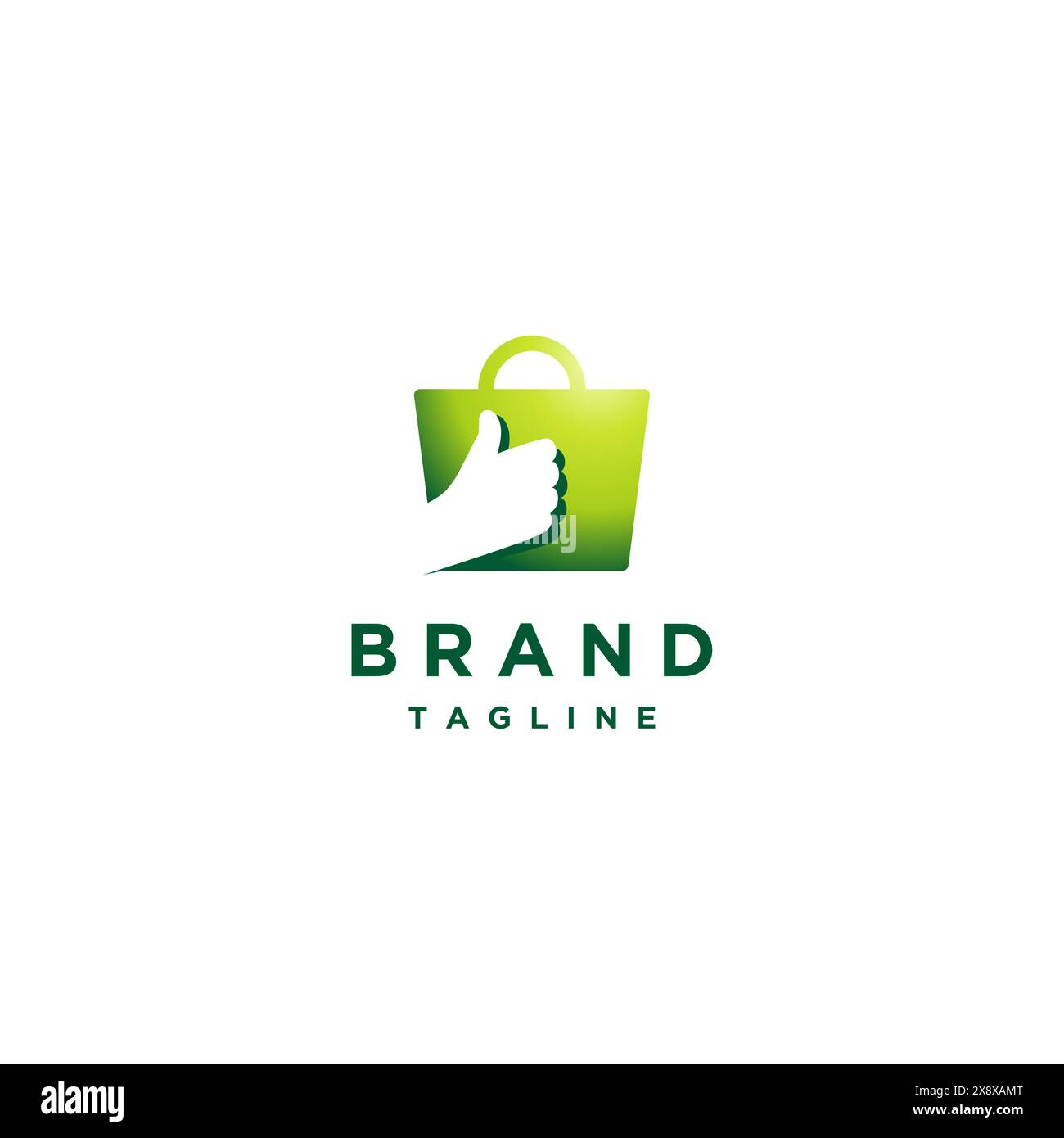 Borsa verde con logo e silhouette con pollice all'interno. Silhouette del pollice sull'icona della shopping bag. Illustrazione Vettoriale