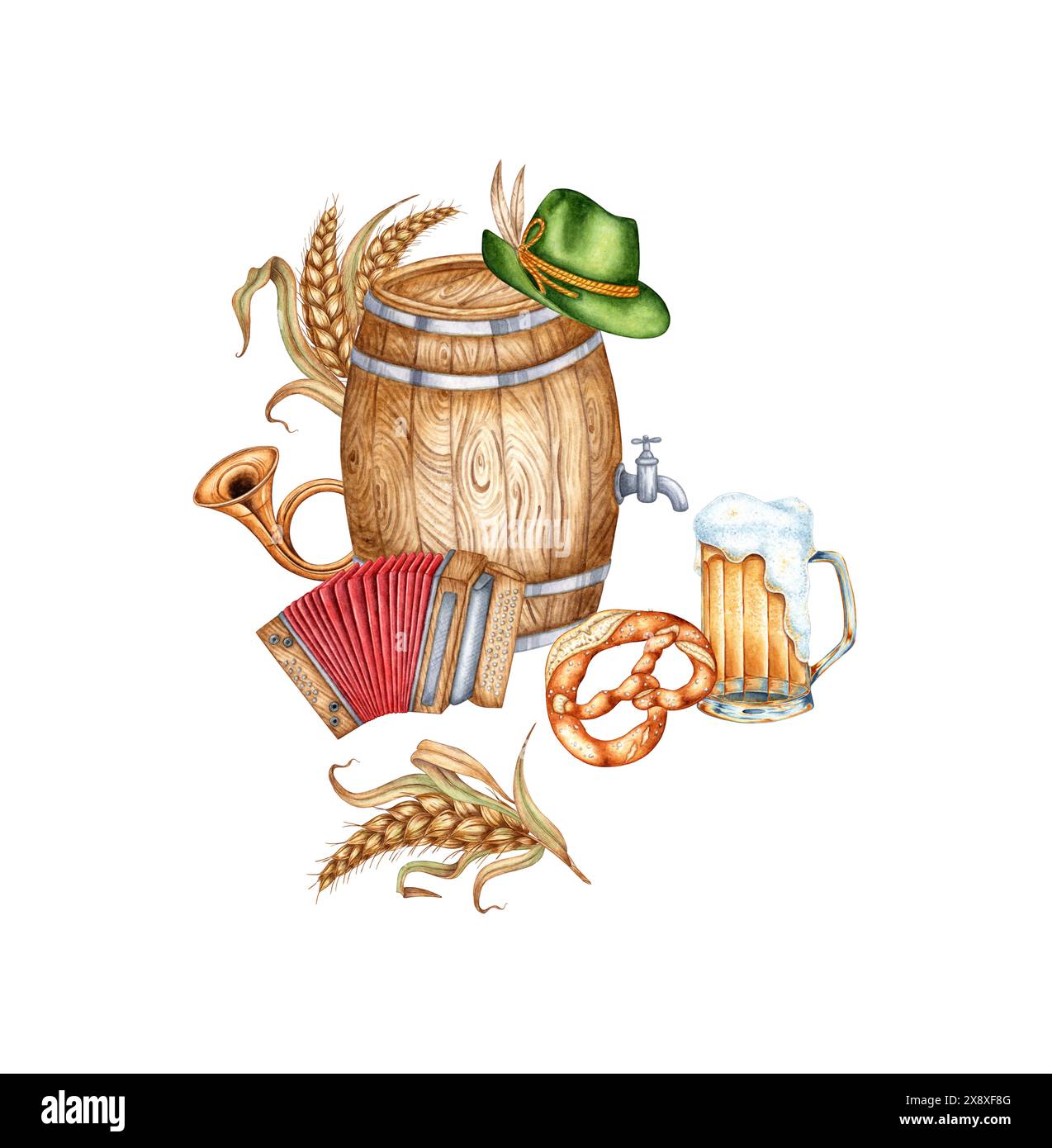 Festival della birra, costituito da elementi di botte di birra in legno, cappello verde con piuma, fisarmonica, bugle, tazza di birra, pretzel e acquerello di grano illustra Foto Stock