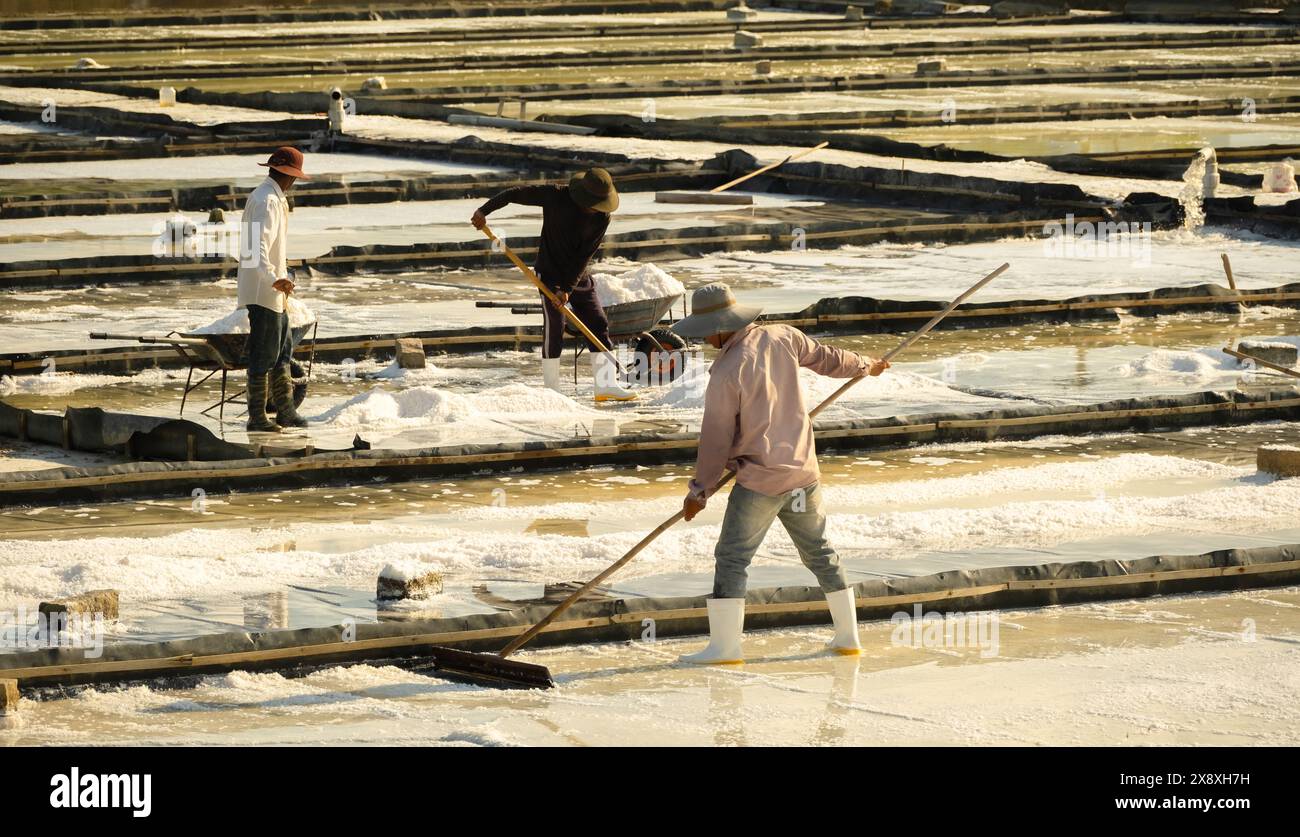 Un produttore di sale sta raccogliendo sale sotto il caldo sole estivo. Abitanti del villaggio che lavorano nelle fattorie di sale in Vietnam. Uomini che lavorano sodo. Maggio 8,2024 Foto Stock