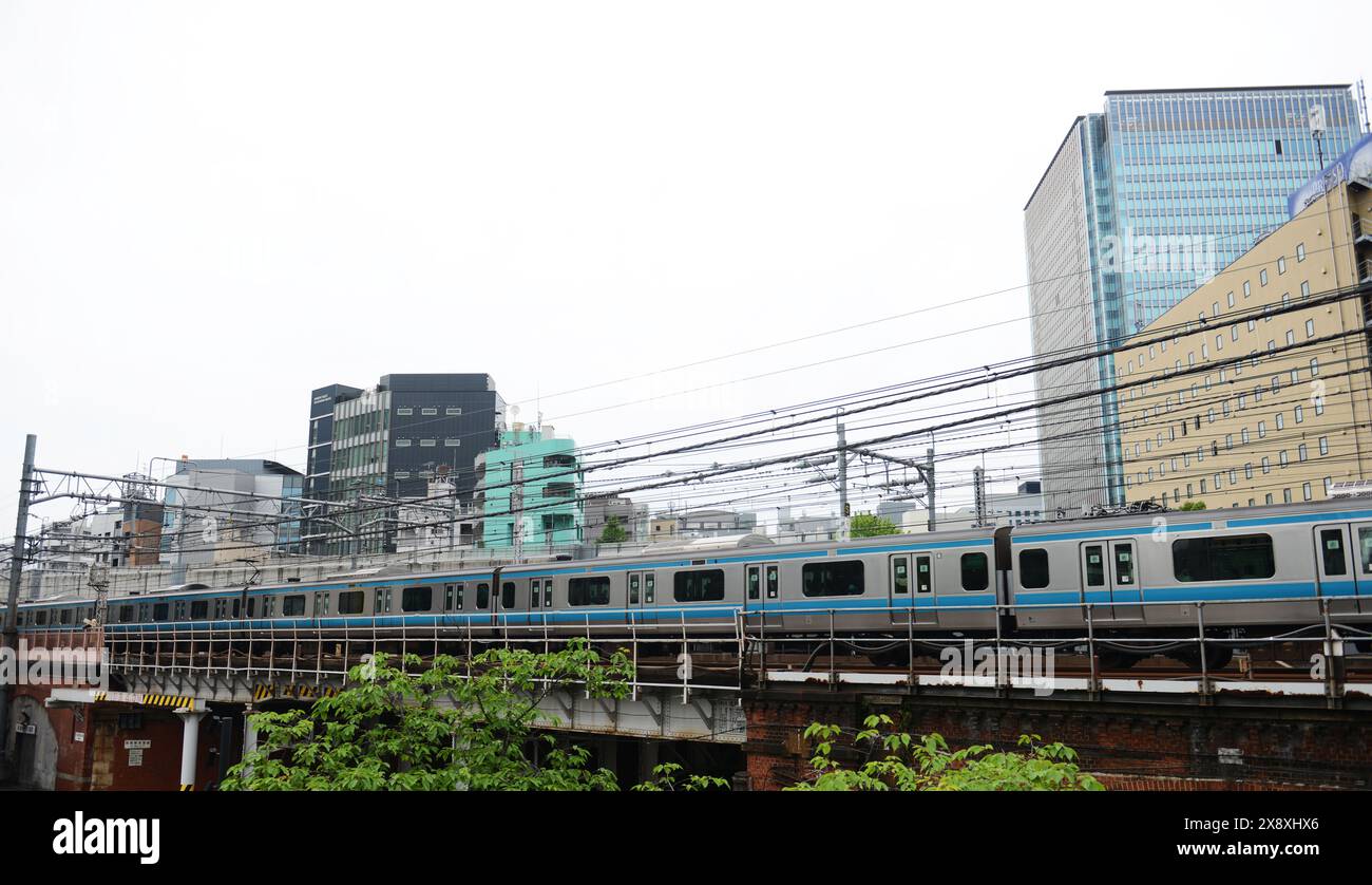 JR si allena sui binari sopraelevati di Kanda, Tokyo, Giappone. Foto Stock