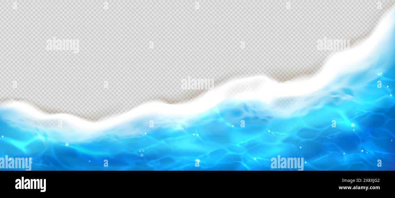 Vista dalla cima delle onde del mare sulla spiaggia. Consistenza dell'acqua in schiuma oceanica. banner aereo estivo realistico in 3d. Bordo ondulato riflesso luce blu tropicale. Cornice inferiore isolata caustica astratta per la promozione Coast party Illustrazione Vettoriale Vista dalla cima delle onde del mare sulla spiaggia. Consistenza dell'acqua in schiuma oceanica. banner aereo estivo realistico in 3d. Bordo ondulato riflesso luce blu tropicale. Cornice inferiore isolata caustica astratta per la promozione Coast party Illustrazione Vettoriale