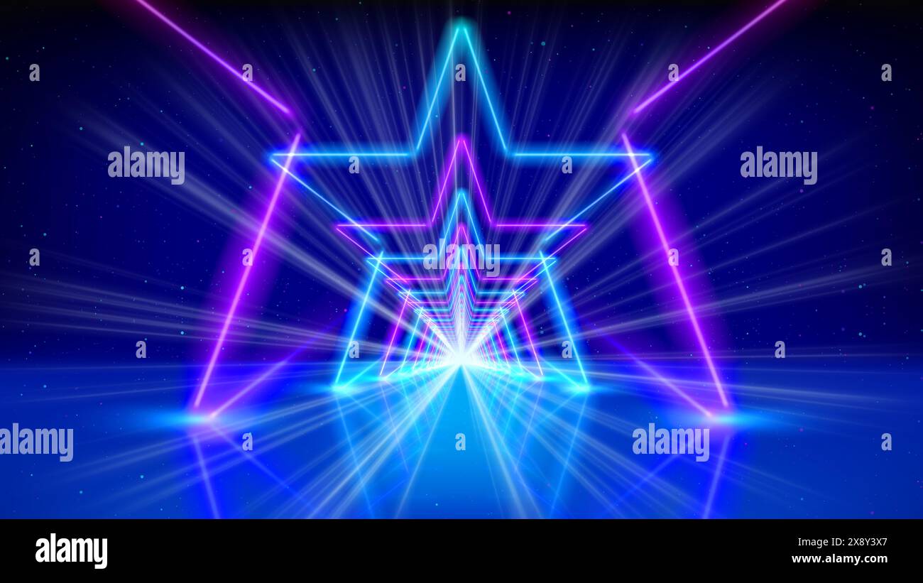 Movimento di volo attraverso la sala giochi. Tunnel al neon luminoso, corridoio, stella. Sfondo geometrico astratto che vola nel ciberspazio. Arco al neon rosa blu viola Foto Stock