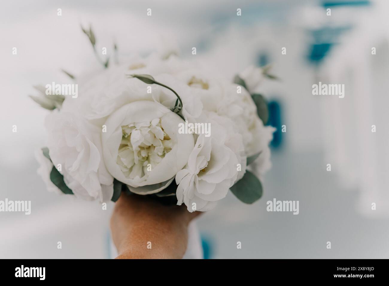 Un bouquet di fiori bianchi è tenuto da una persona. I fiori sono disposti in modo che non siano troppo vicini l'uno all'altro, dando il Foto Stock