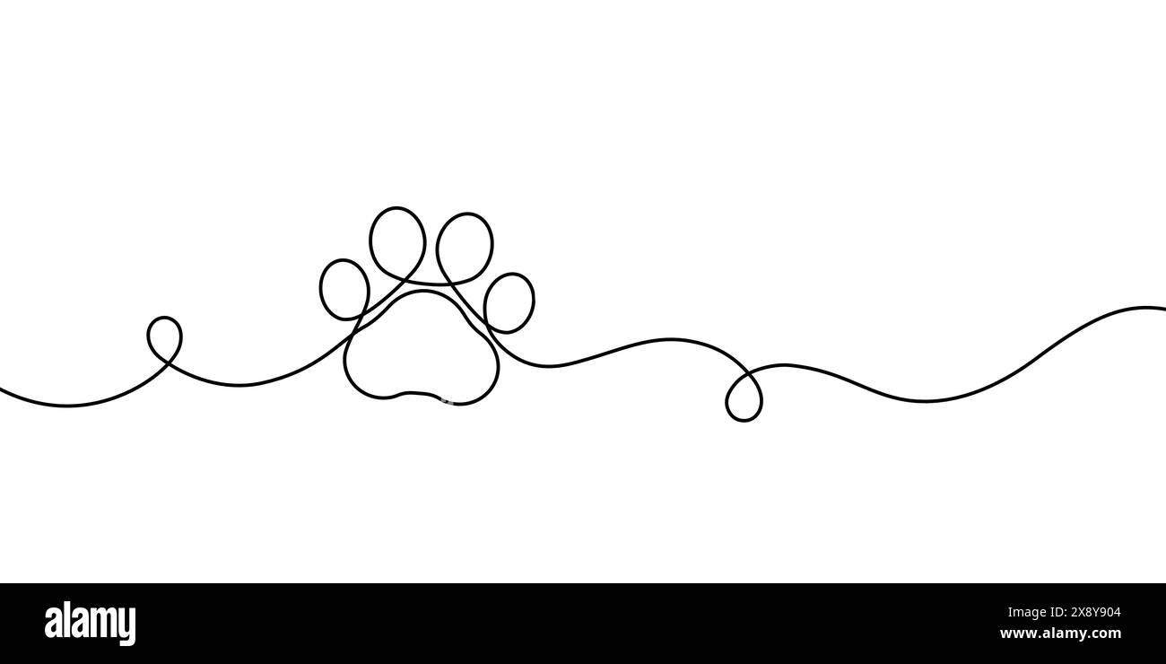Impronta Paw di un cane o di un gatto. Impronta animale domestico. Stampe animali con linea nera isolate su sfondo bianco. Disegnare un segno di cucciolo. Simpatiche zampe canine disegnate a mano Illustrazione Vettoriale