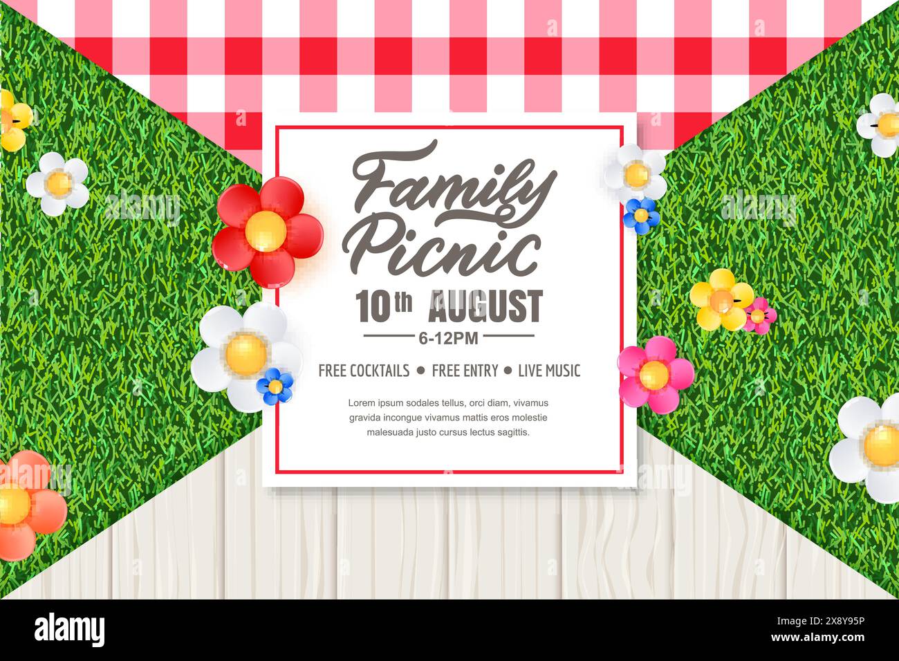 Banner per picnic, poster, volantino con tovaglia, tavolo in legno, fiori a margherita colorati su sfondo verde e calligrafia disegnata a mano Illustrazione Vettoriale