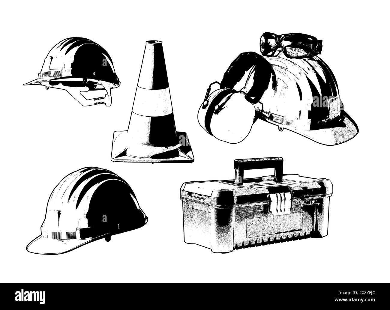 Dispositivi di protezione individuale e attrezzature illustrazioni in bianco e nero, concetto di sicurezza e salute sul lavoro Foto Stock