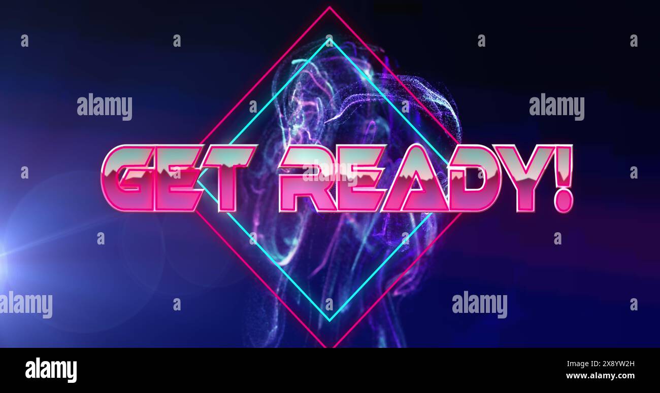 Immagine del banner di testo Get Ready su onda digitale blu e spot luminoso su sfondo nero Foto Stock