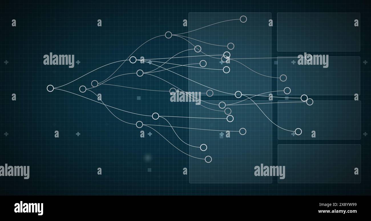Immagine dei cerchi collegati su radar, globo, grafico e schema del circuito stampato sullo sfondo Foto Stock