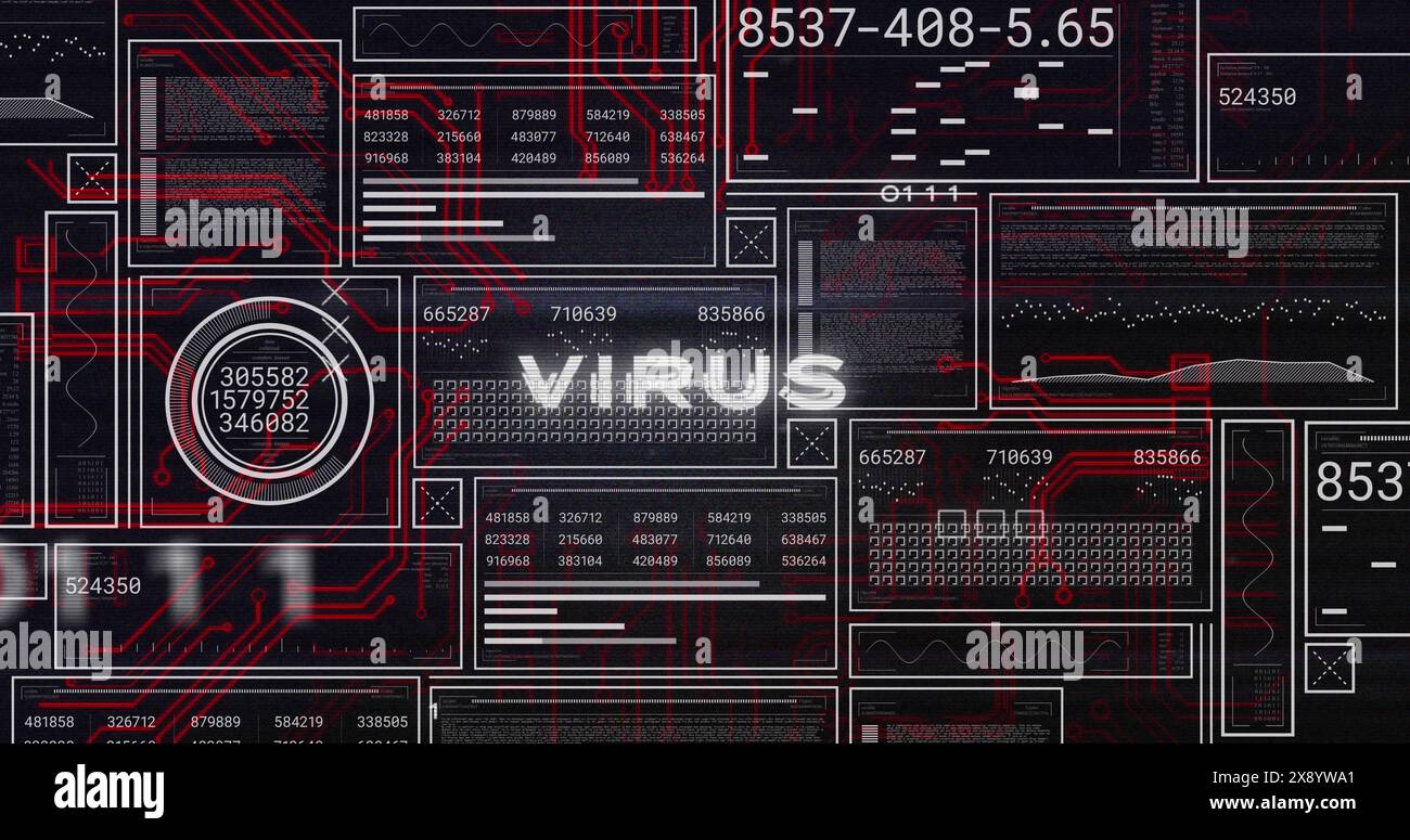 Immagine di virus testo, grafici, barre di caricamento, cerchi con numeri che cambiano su sfondo nero Foto Stock