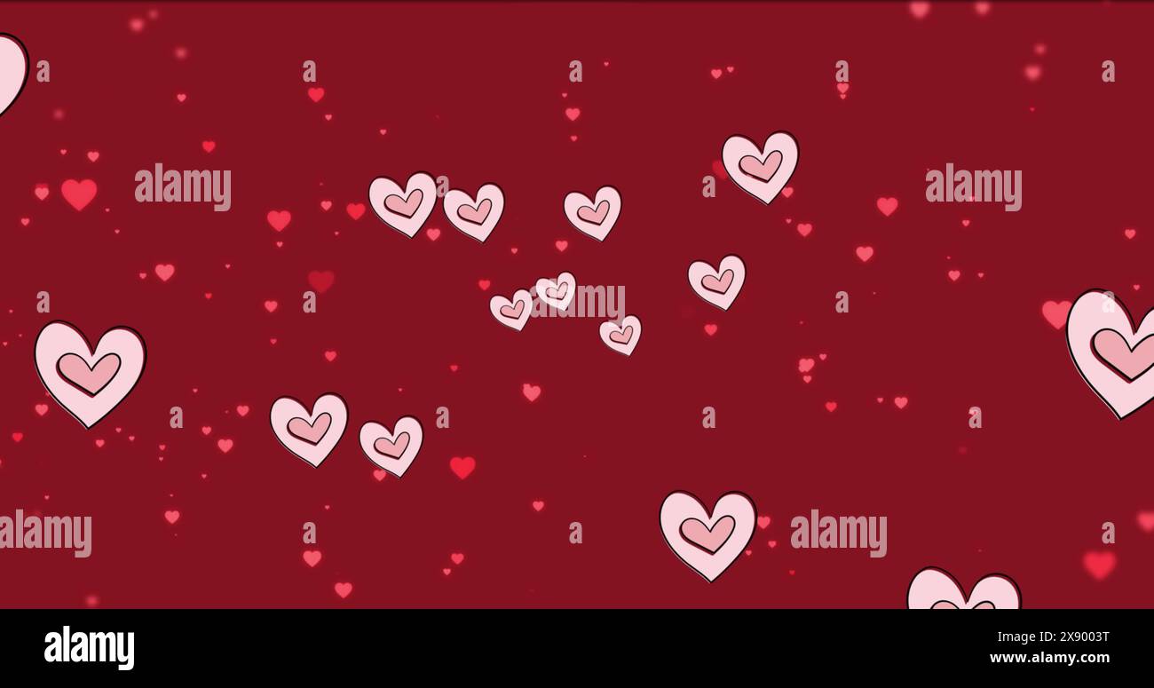 Immagine di più icone cardiache che fluttuano sullo spazio di copia su sfondo rosso Foto Stock