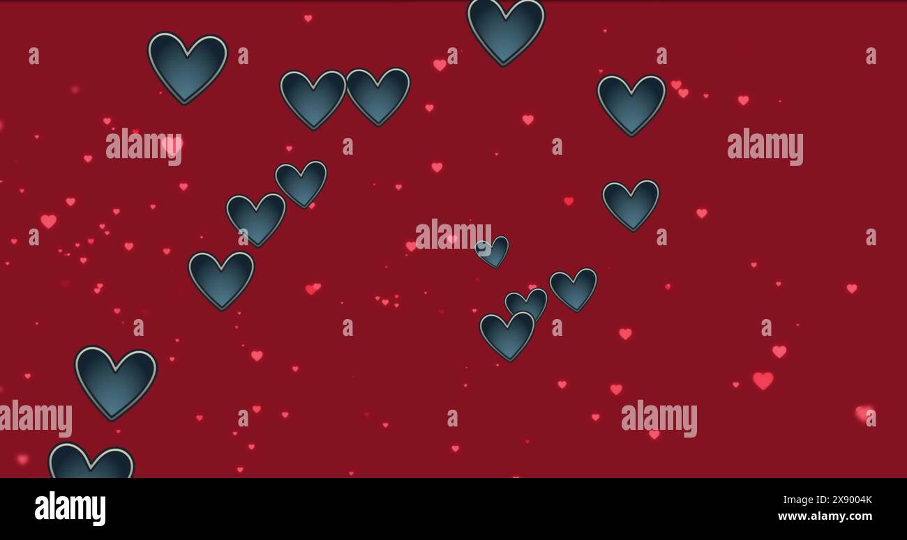 Immagine di più icone cardiache che fluttuano sullo spazio di copia su sfondo rosso Foto Stock