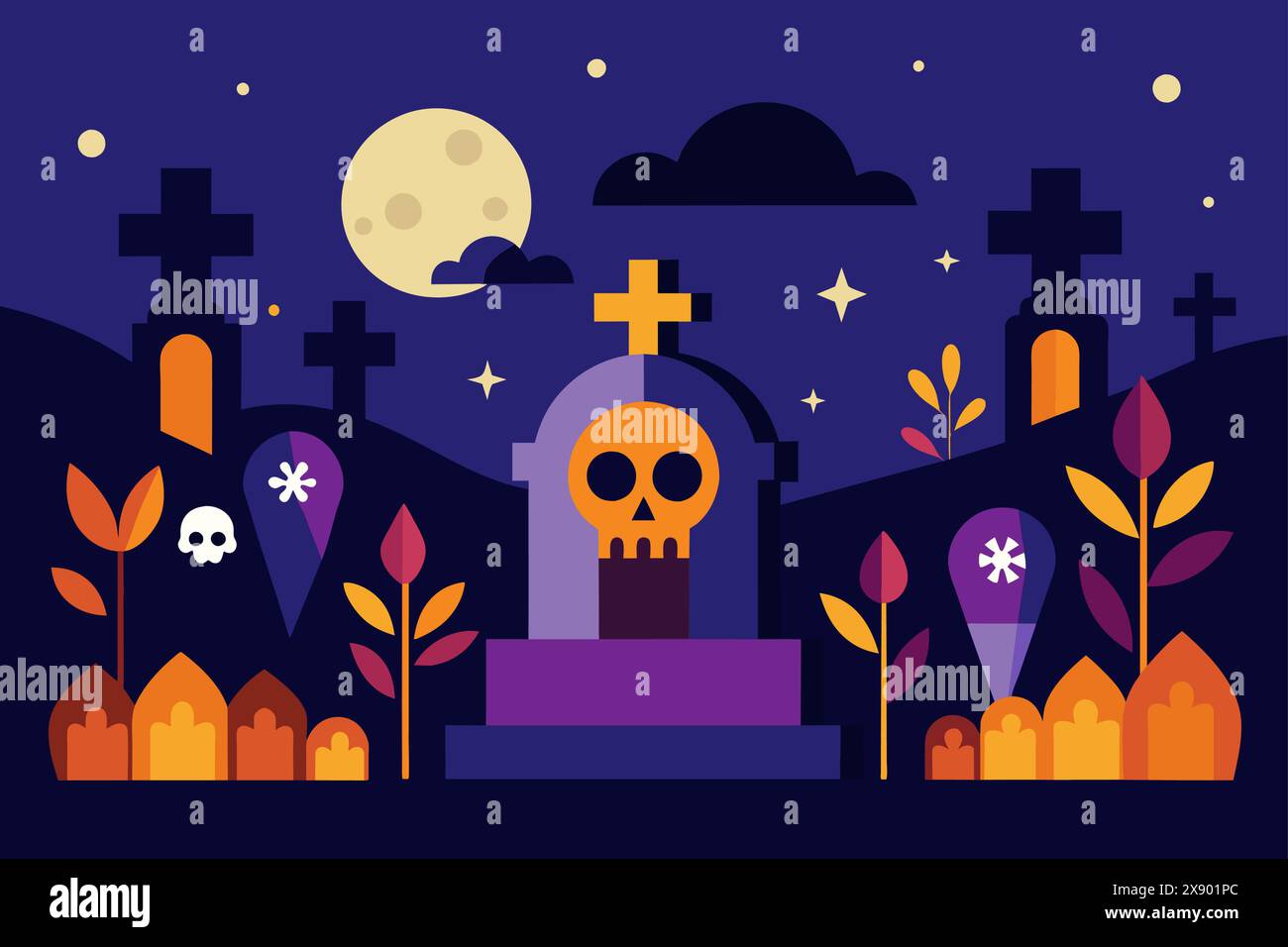 Cimitero natalizio con croci e candele di notte. Cimitero colorato con fiori e chiaro di luna. Concetto di giorno dei morti, dia de los Muerto Illustrazione Vettoriale