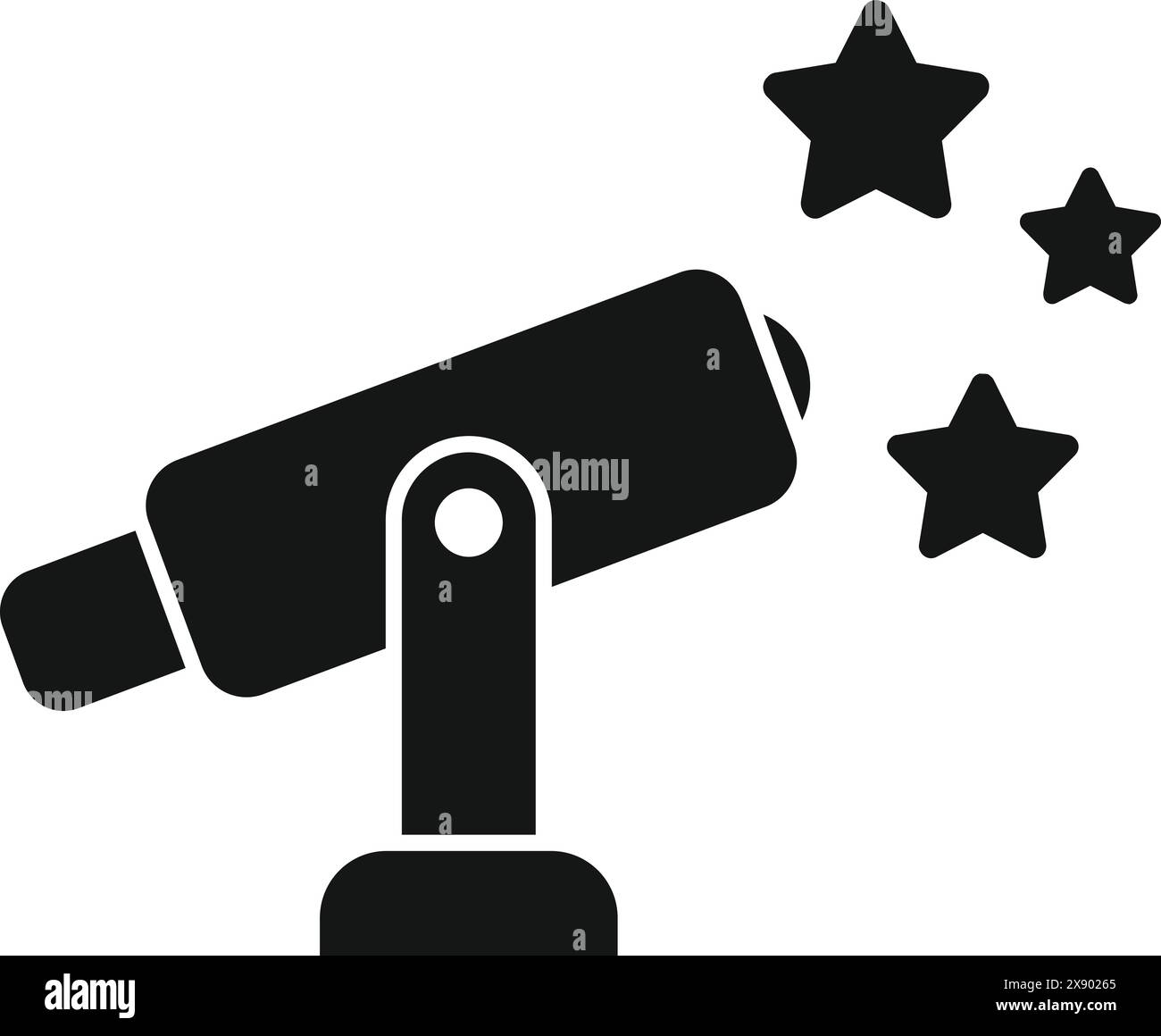 Icona in bianco e nero con un telescopio stilizzato angolato verso un trio di stelle che simboleggia l'astronomia Illustrazione Vettoriale