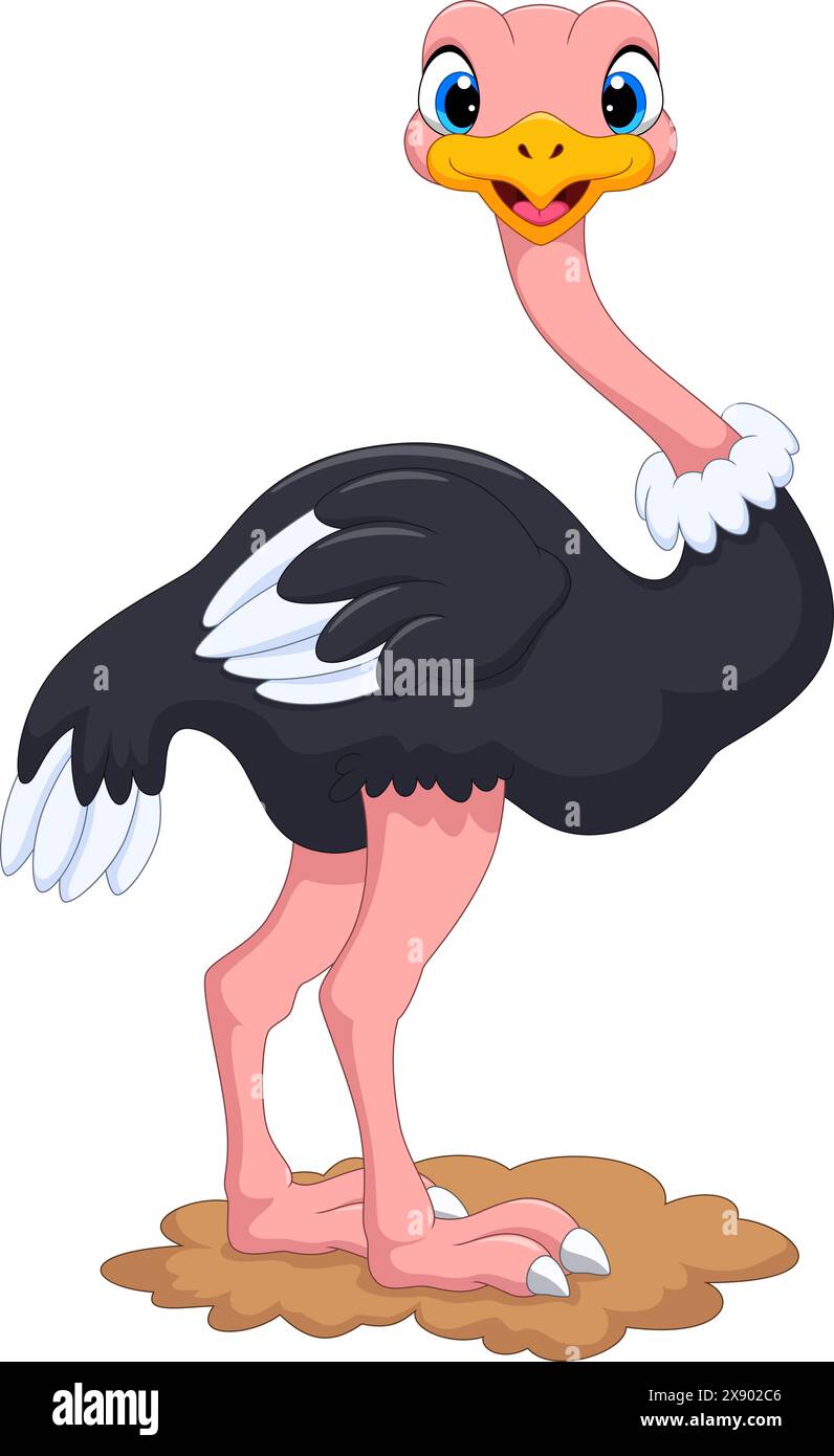 Carino cartone animato di struzzo isolato su sfondo bianco Illustrazione Vettoriale