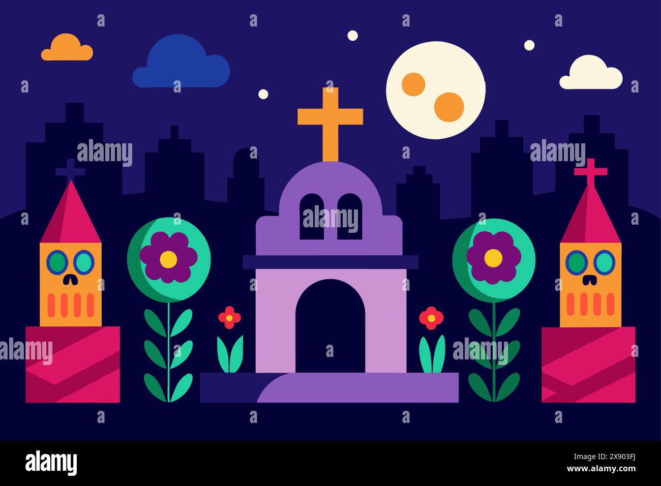 Cimitero natalizio con croci e candele di notte. Cimitero colorato con fiori e chiaro di luna. Concetto di giorno dei morti, dia de los Muerto Illustrazione Vettoriale