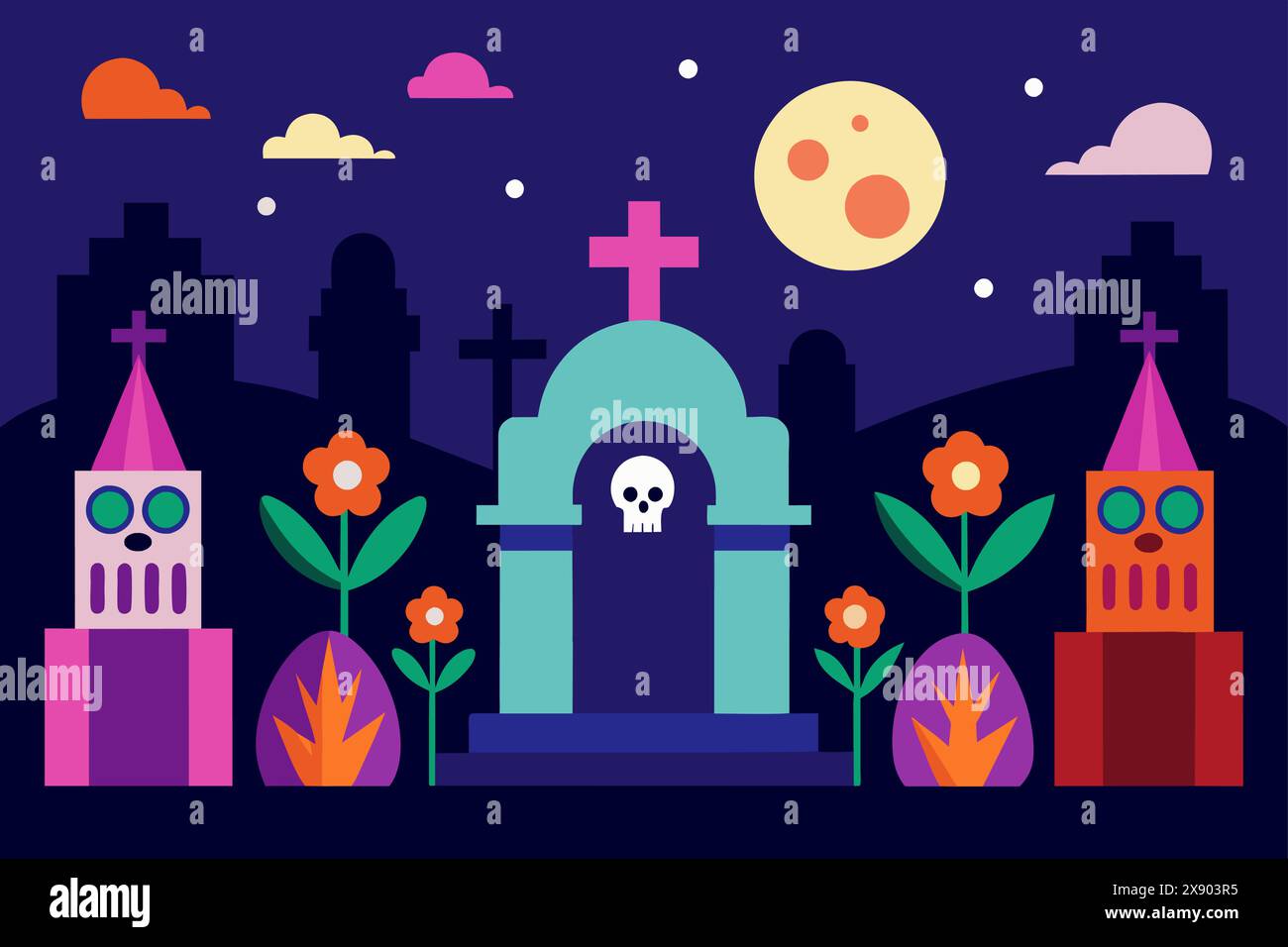Cimitero natalizio con croci e candele di notte. Cimitero colorato con fiori e chiaro di luna. Concetto di giorno dei morti, dia de los Muerto Illustrazione Vettoriale