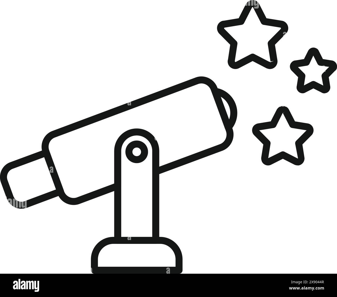 Semplice icona di linea bianca e nera con un telescopio rivolto alle stelle, adatto per temi astronomici Illustrazione Vettoriale