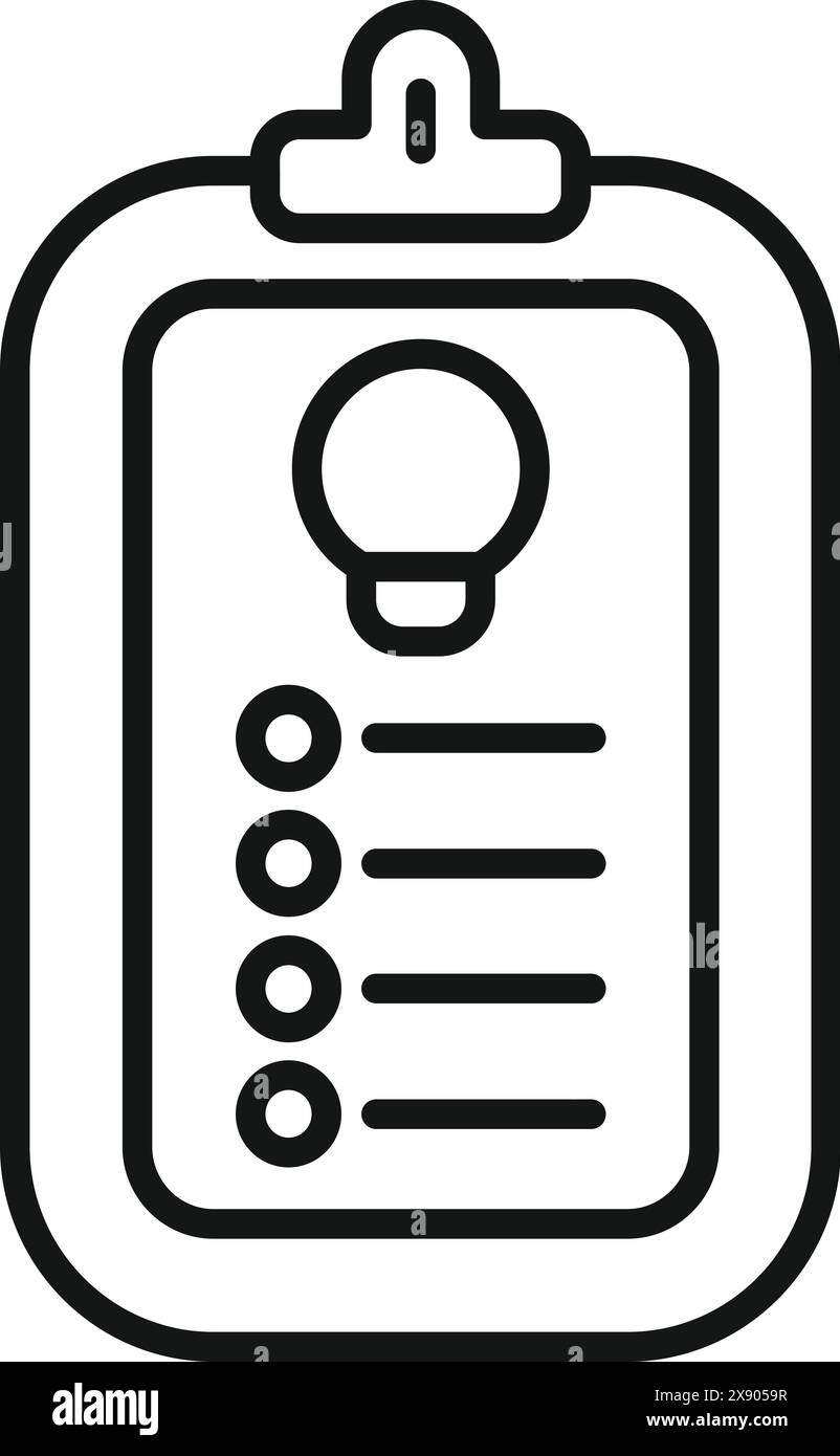 Icona line art di una clipboard con una lista di controllo e una lampadina, che simboleggia idee o attività Illustrazione Vettoriale