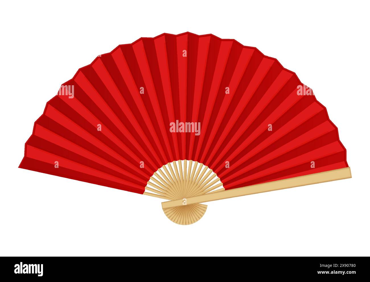 Ventola cinese realizzata in carta rossa realistica illustrazione vettoriale. Accessorio portatile pieghevole per rinfrescarsi. Oggetto 3d souvenir asiatico su bianco Illustrazione Vettoriale
