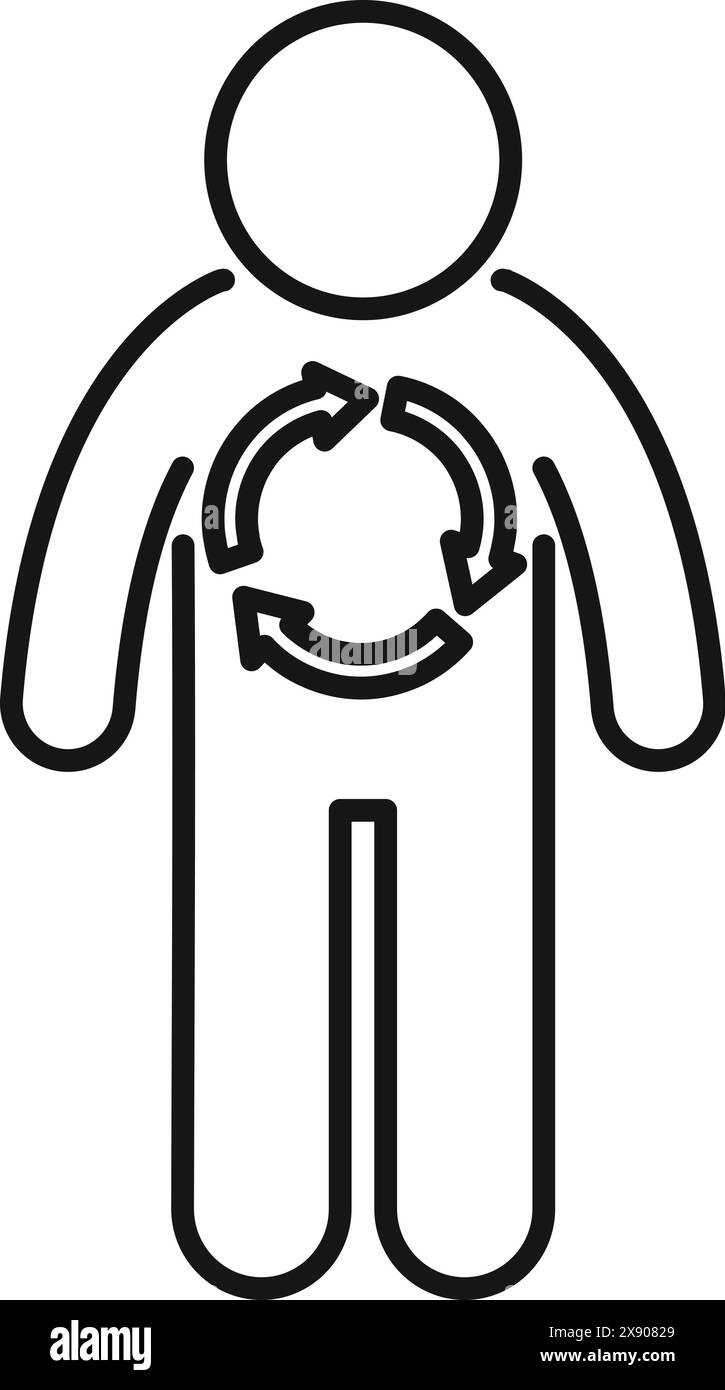 Icona a linea semplice di una persona che abbraccia un simbolo di riciclaggio con freccia circolare Illustrazione Vettoriale