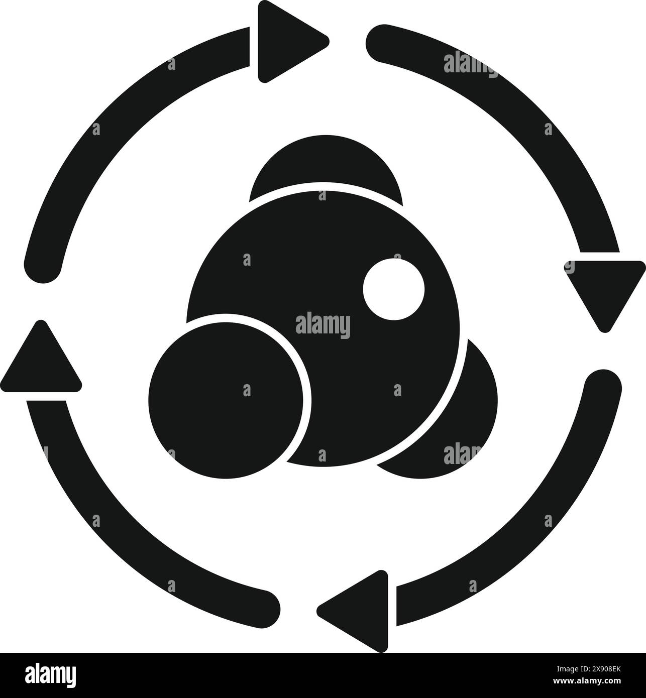 Icona minimalista in bianco e nero che rappresenta una struttura atomica circondata da frecce rotazionali Illustrazione Vettoriale