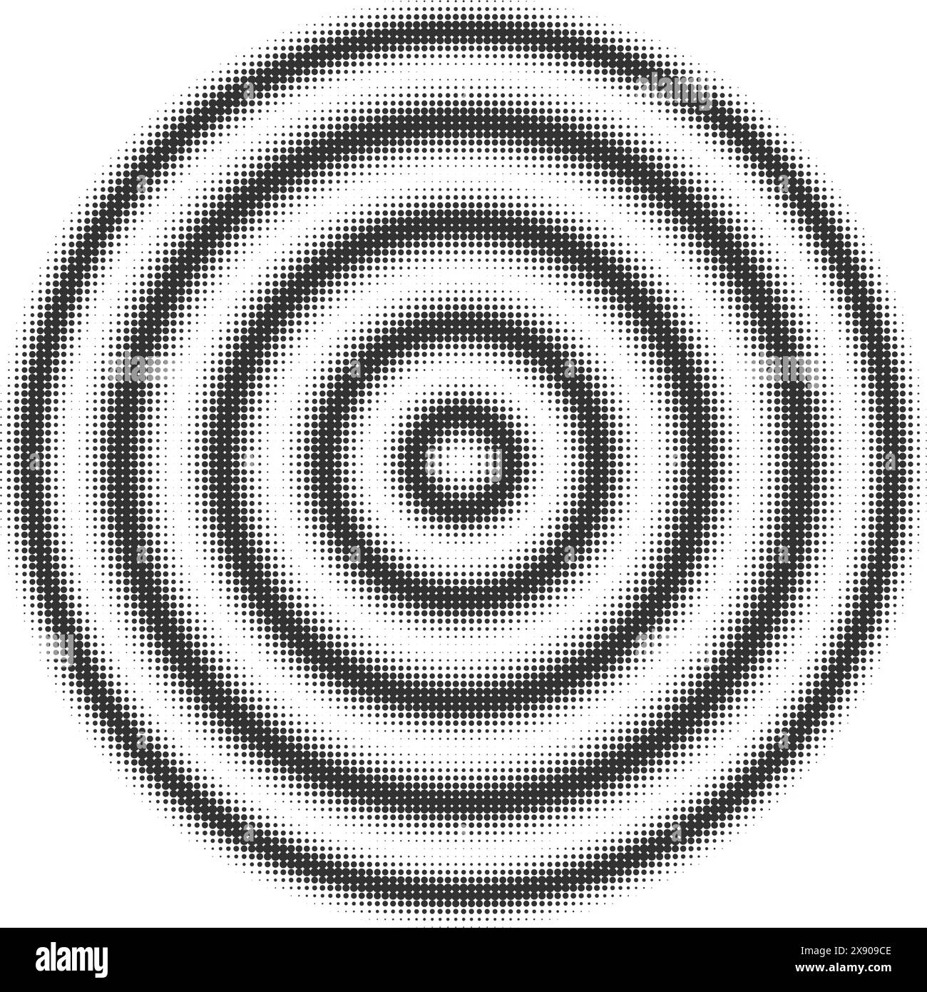 Mezzitoni dell'onda circolare con motivo a punti. Musica o spruzzi d'acqua sulla superficie. Impulso periodico isolato su bianco. Vettore geometrico bianco e nero Illustrazione Vettoriale