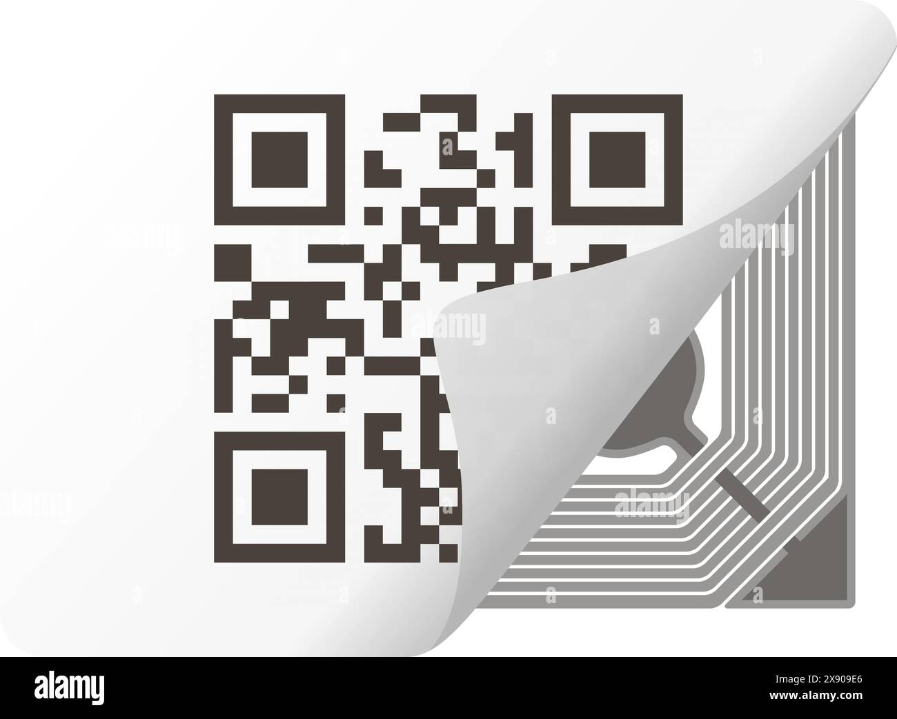 Etichetta di identificazione radio coperta da uno strato di pellicola con un codice QR applicato per il controllo e la logistica delle merci, allarme antifurto. Chip integrato e un Illustrazione Vettoriale