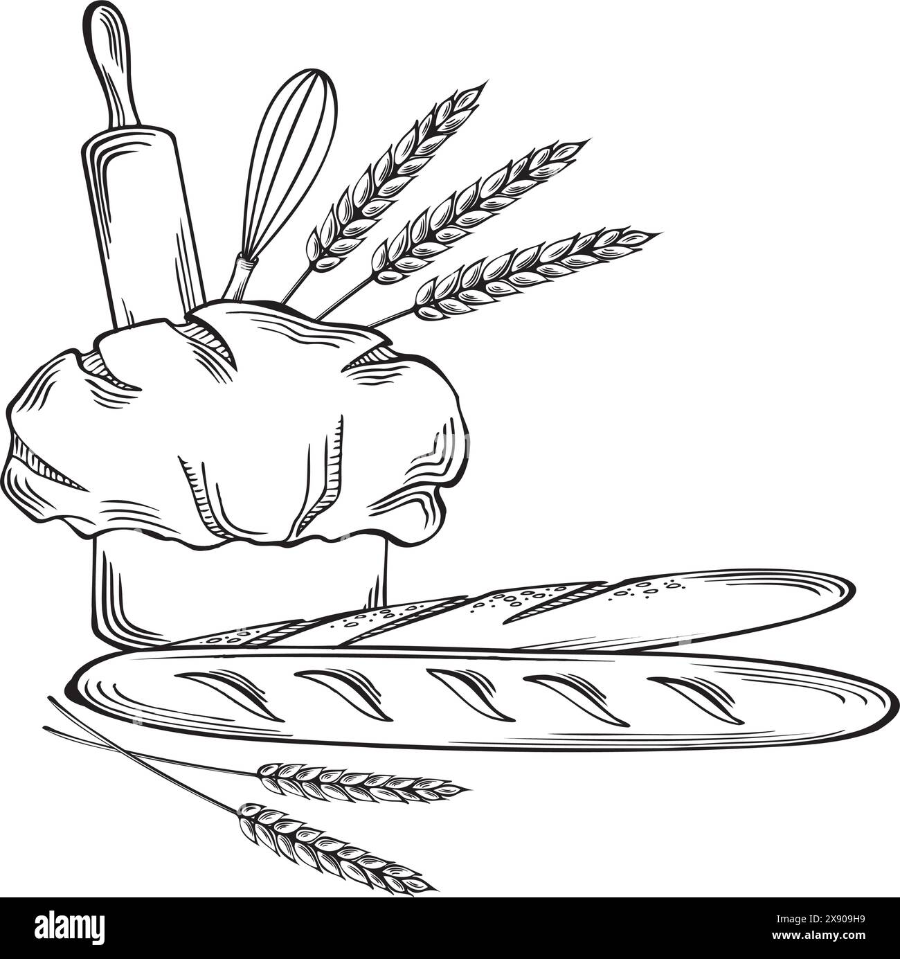 Baguette con cappello da chef, utensili da forno e orecchie di grano. Prodotti da forno pane francese con spilla e frusta. Illustrazione grafica vettoriale, isolata. Te Illustrazione Vettoriale