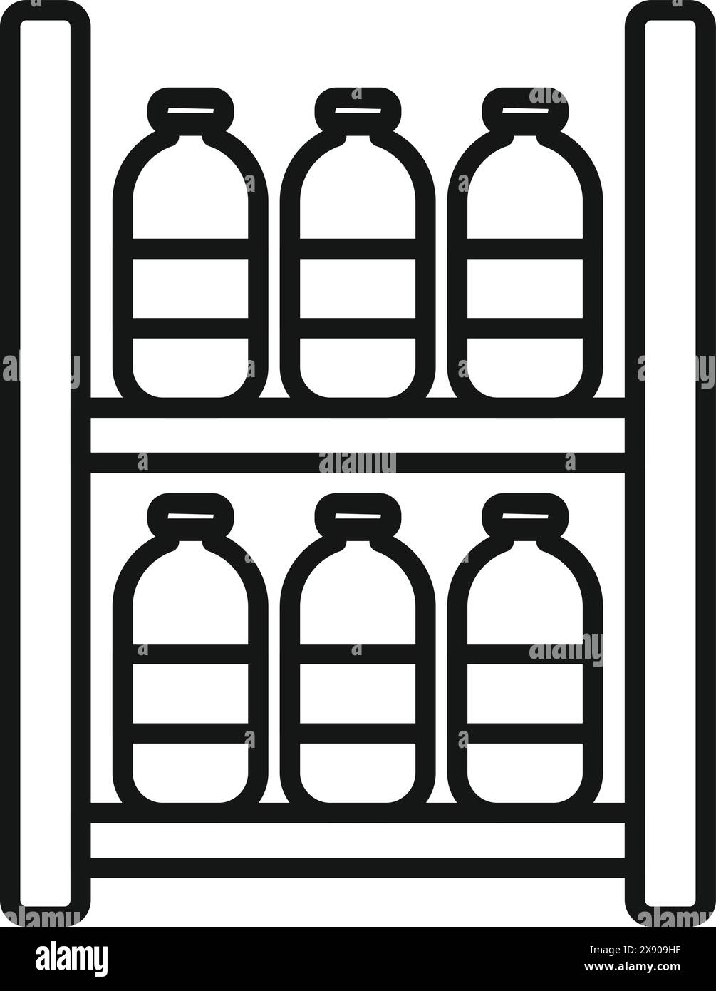 Icona a forma di linea bianca e nera dei biberon su uno scaffale, adatta per la spesa e per la vendita al dettaglio Illustrazione Vettoriale