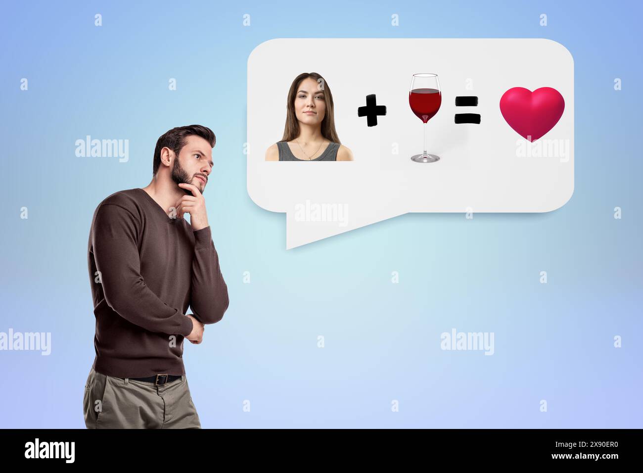 Uomo che pensa alla donna e al vino uguale amore Foto Stock