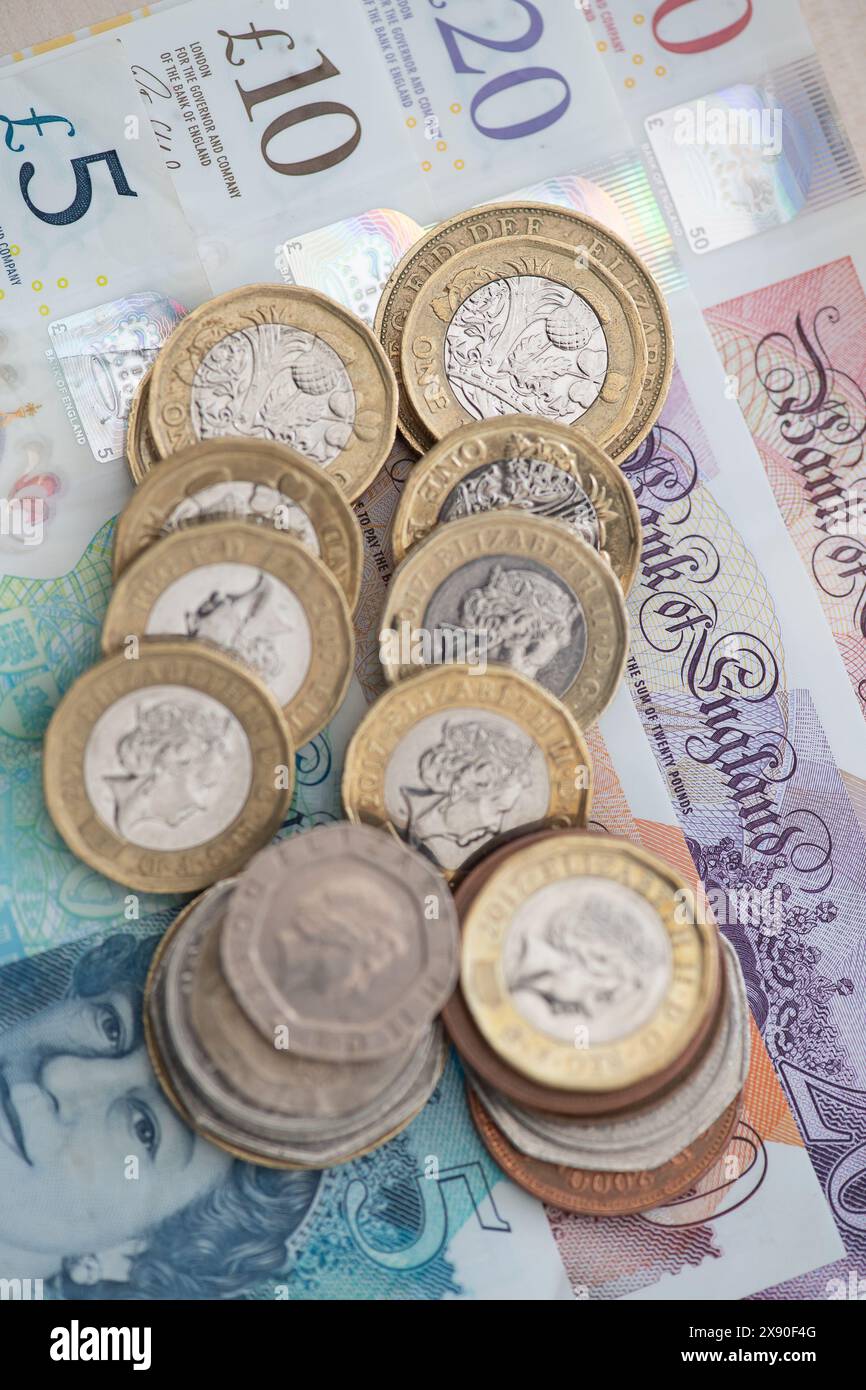 Banconote e monete da Sterling. Sempre più persone utilizzano carte di credito e debito per comodità piuttosto che contanti. Crediti: Maureen McLean/Alamy Foto Stock