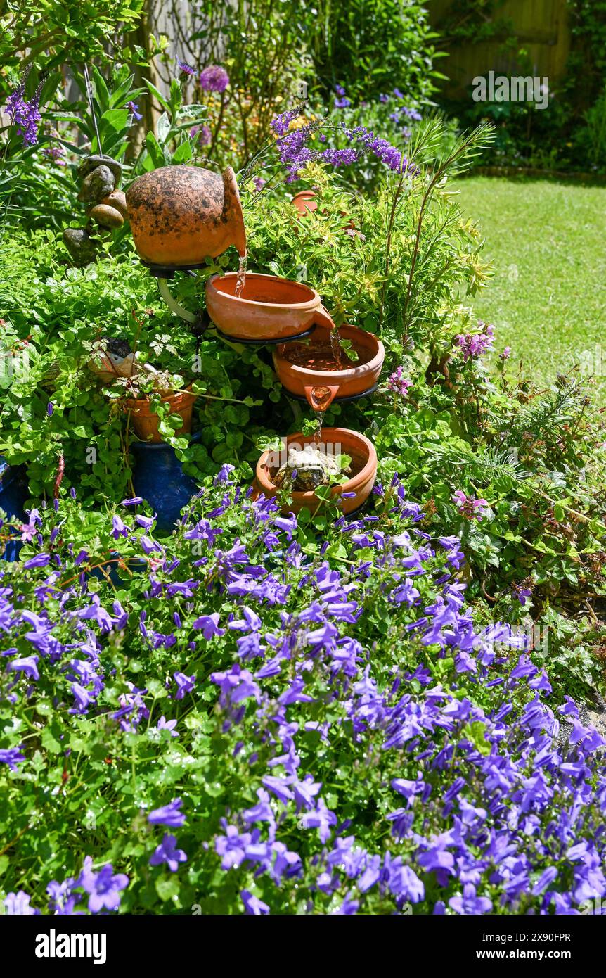 Piccola fontana a energia solare in un giardino urbano con campanula blu in primo piano Credit Simon Dack Foto Stock