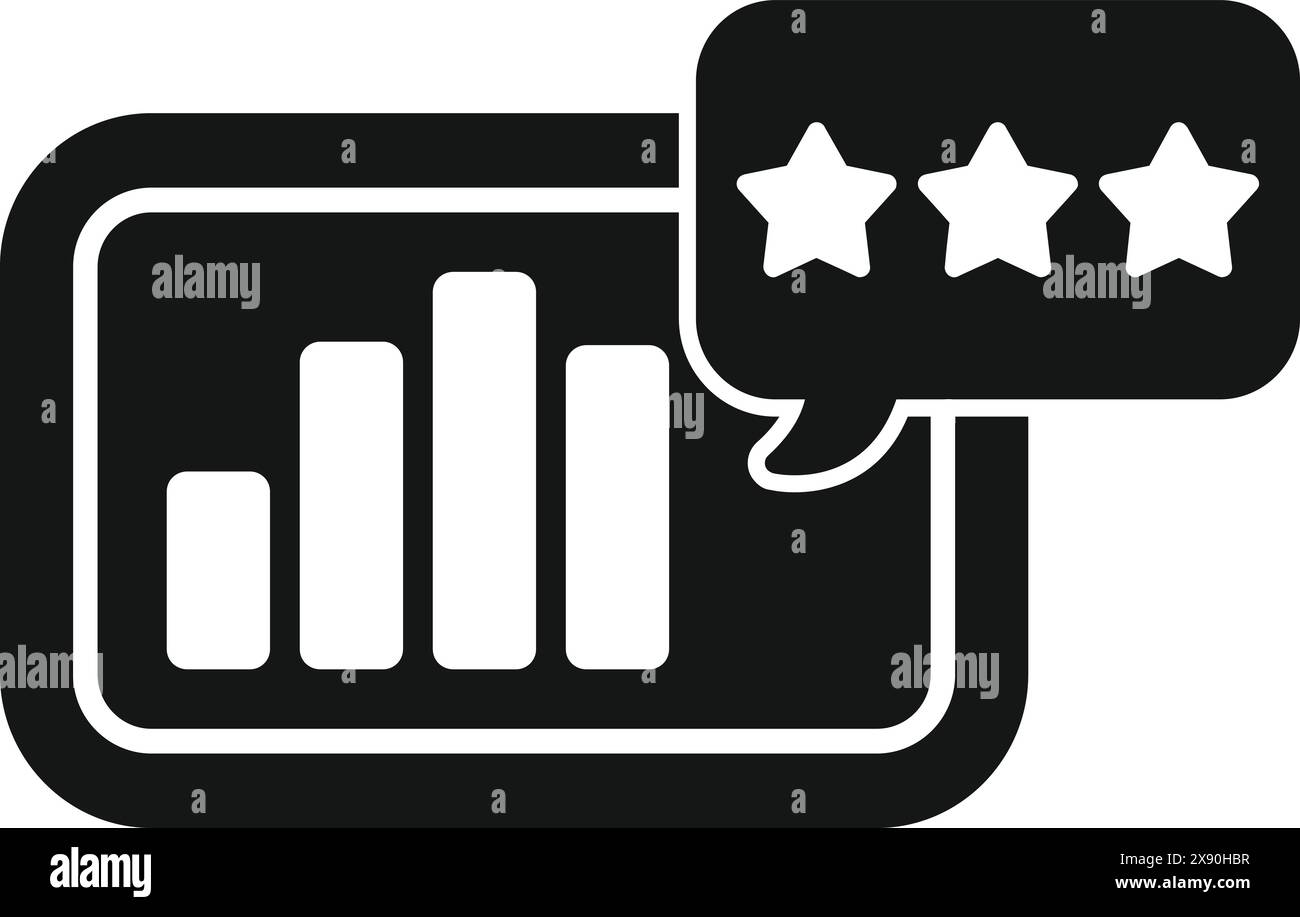 Icona in bianco e nero che mostra un grafico a barre e una valutazione a stelle che simboleggia il feedback del cliente e la valutazione della qualità Illustrazione Vettoriale