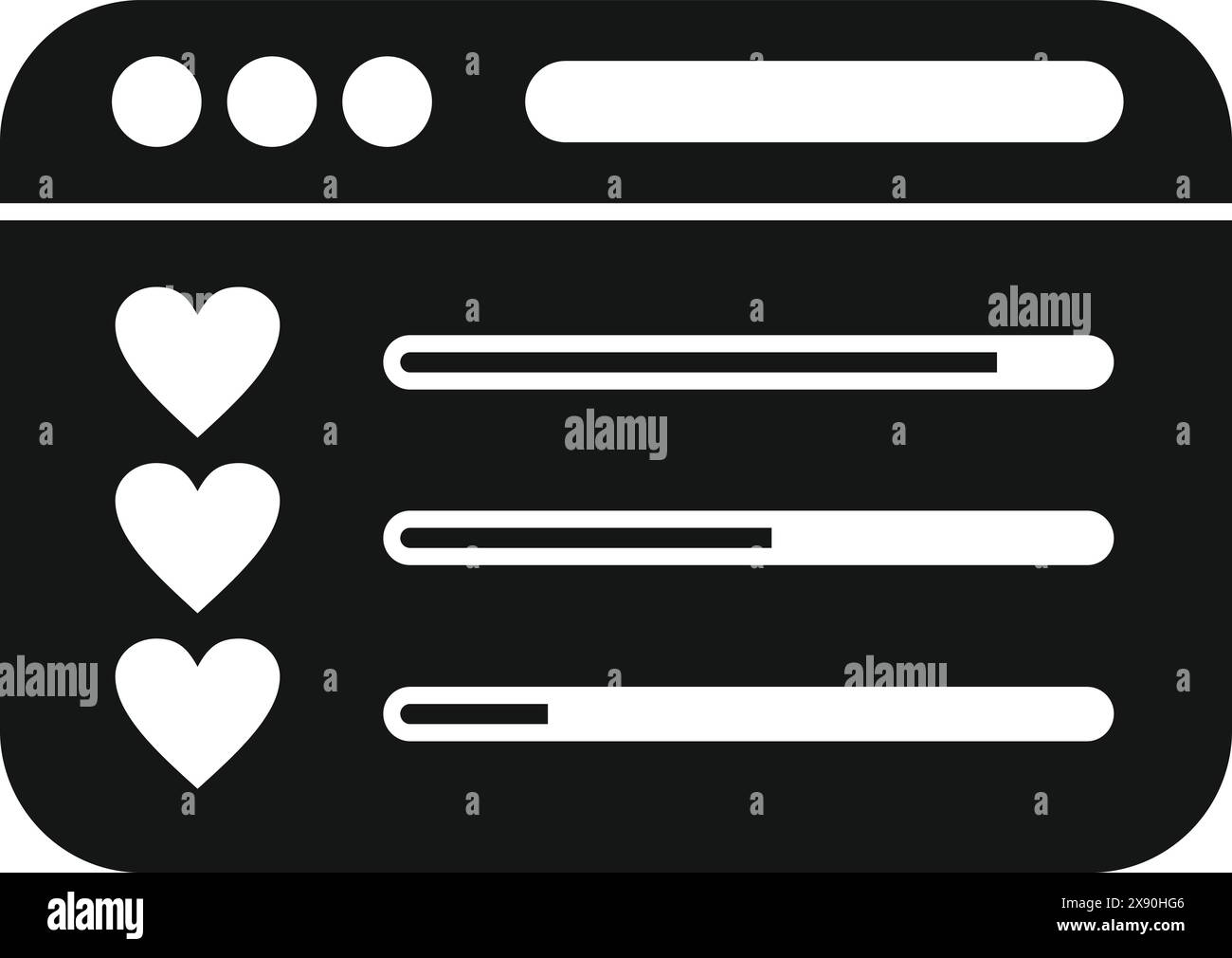 Semplice icona silhouette che rappresenta un'interfaccia app di incontri con cuori e righe di testo Illustrazione Vettoriale