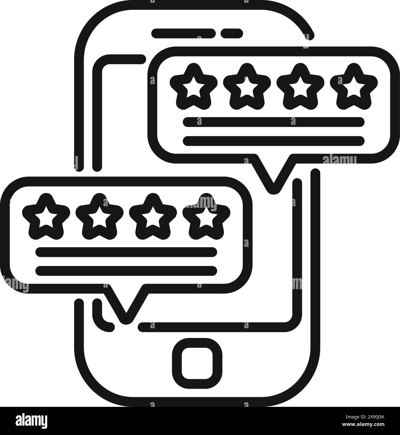 Icona a linea che illustra uno smartphone con stelle e bolle di revisione sullo schermo Illustrazione Vettoriale