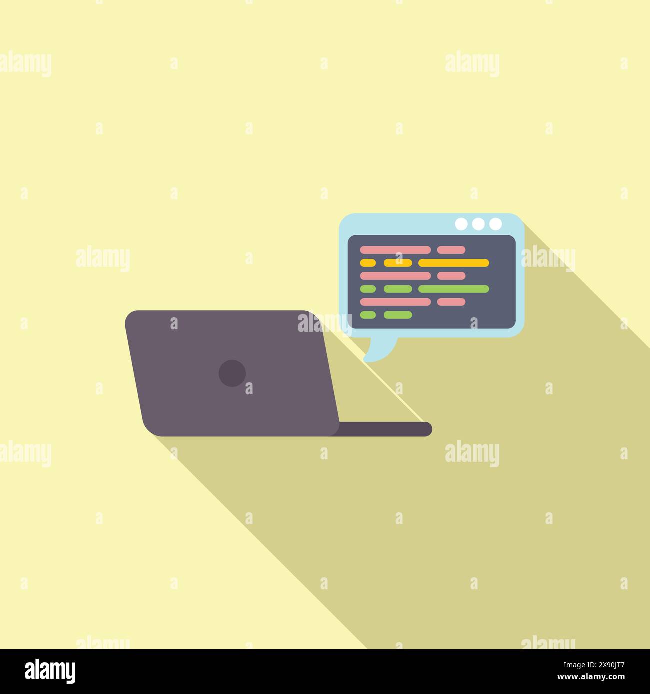 Illustrazione vettoriale di un notebook moderno che mostra bolle colorate dello script di codifica su sfondo giallo Illustrazione Vettoriale