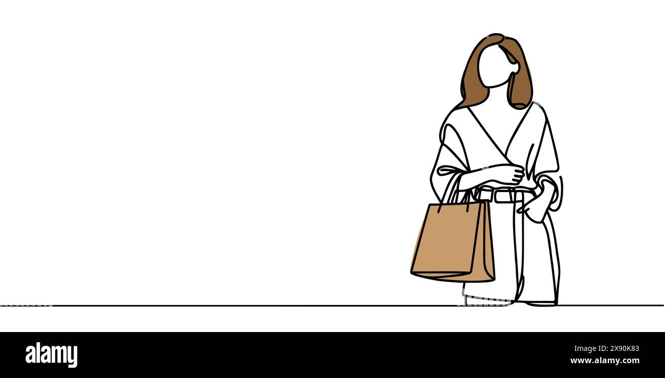 Disegno continuo su una linea di una donna che tiene in mano sacchi di carta dopo lo shopping Illustrazione Vettoriale