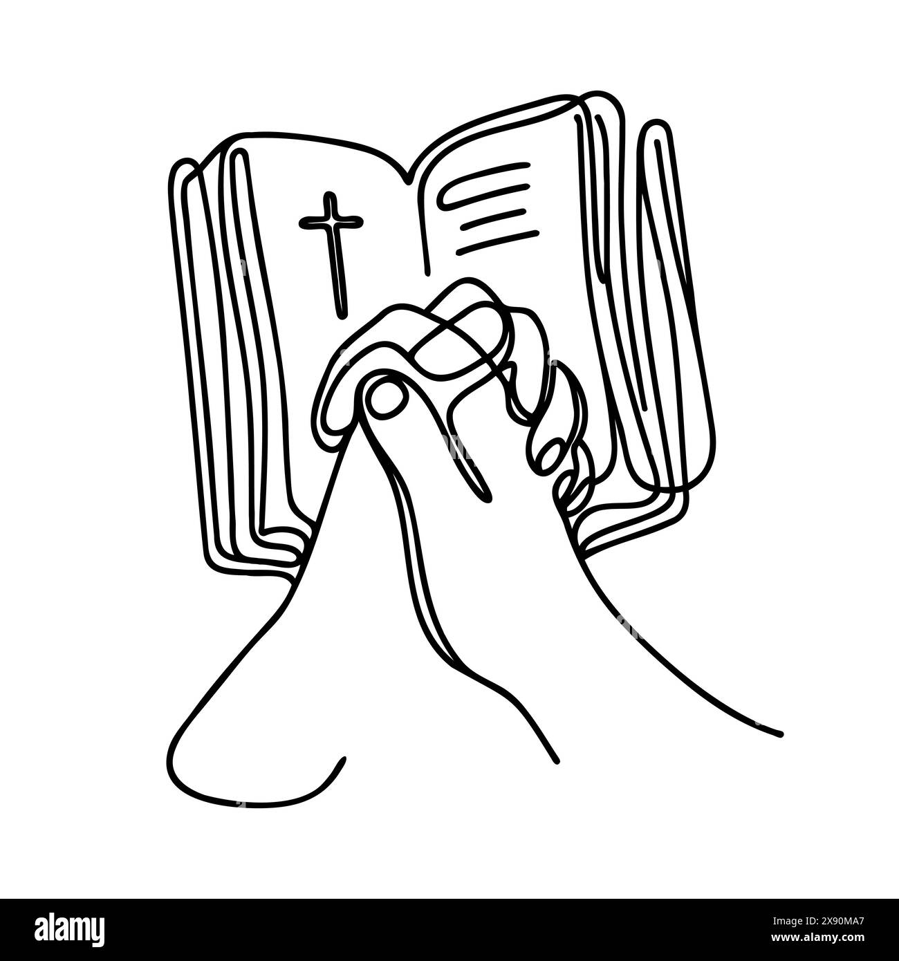 Disegno continuo di una linea di una Bibbia aperta e due mani unite in una posizione di preghiera Illustrazione Vettoriale