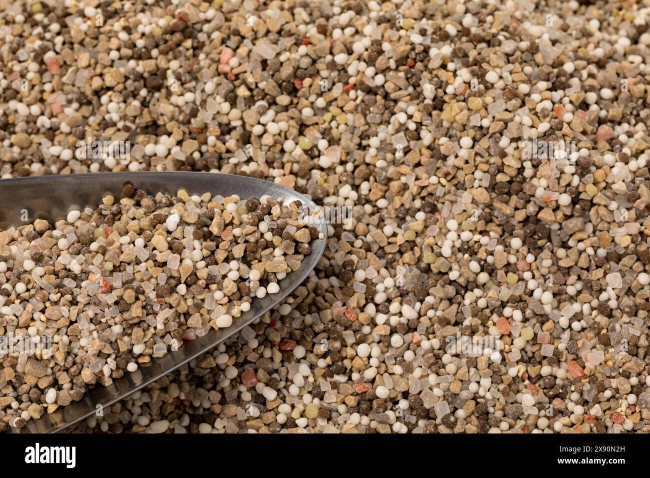 Primo piano del fertilizzante da giardino e della cazzuola. Concetto di giardinaggio, suolo e salute delle piante. Foto Stock