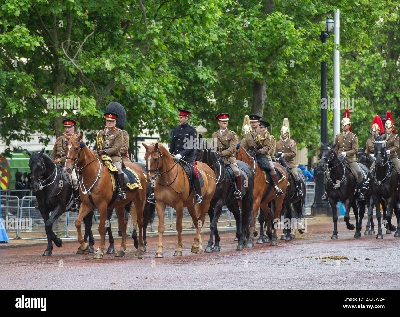 Londra, Regno Unito. 28 maggio 2024. Le prove per Trooping the Colour si svolgono nella Horseguards Parade prima dell'evento il 15 giugno. Crediti: Richard Lincoln/Alamy Live News Foto Stock
