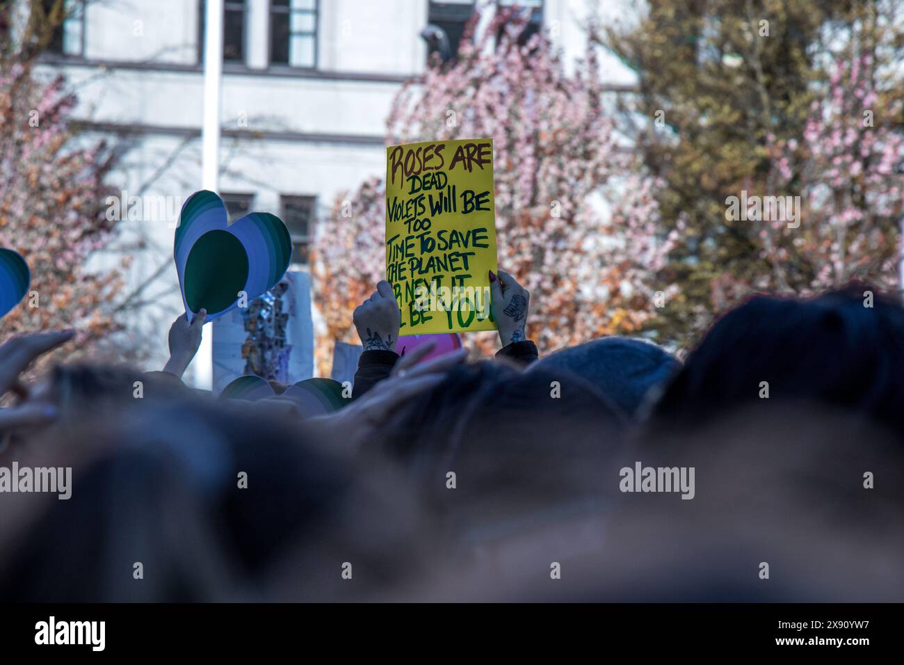 Vancouver, Canada - 25 ottobre 2019: Un uomo con il segno Roses è morto, anche le violette saranno, è ora di salvare il pianeta o il prossimo sarà voi di fronte Foto Stock