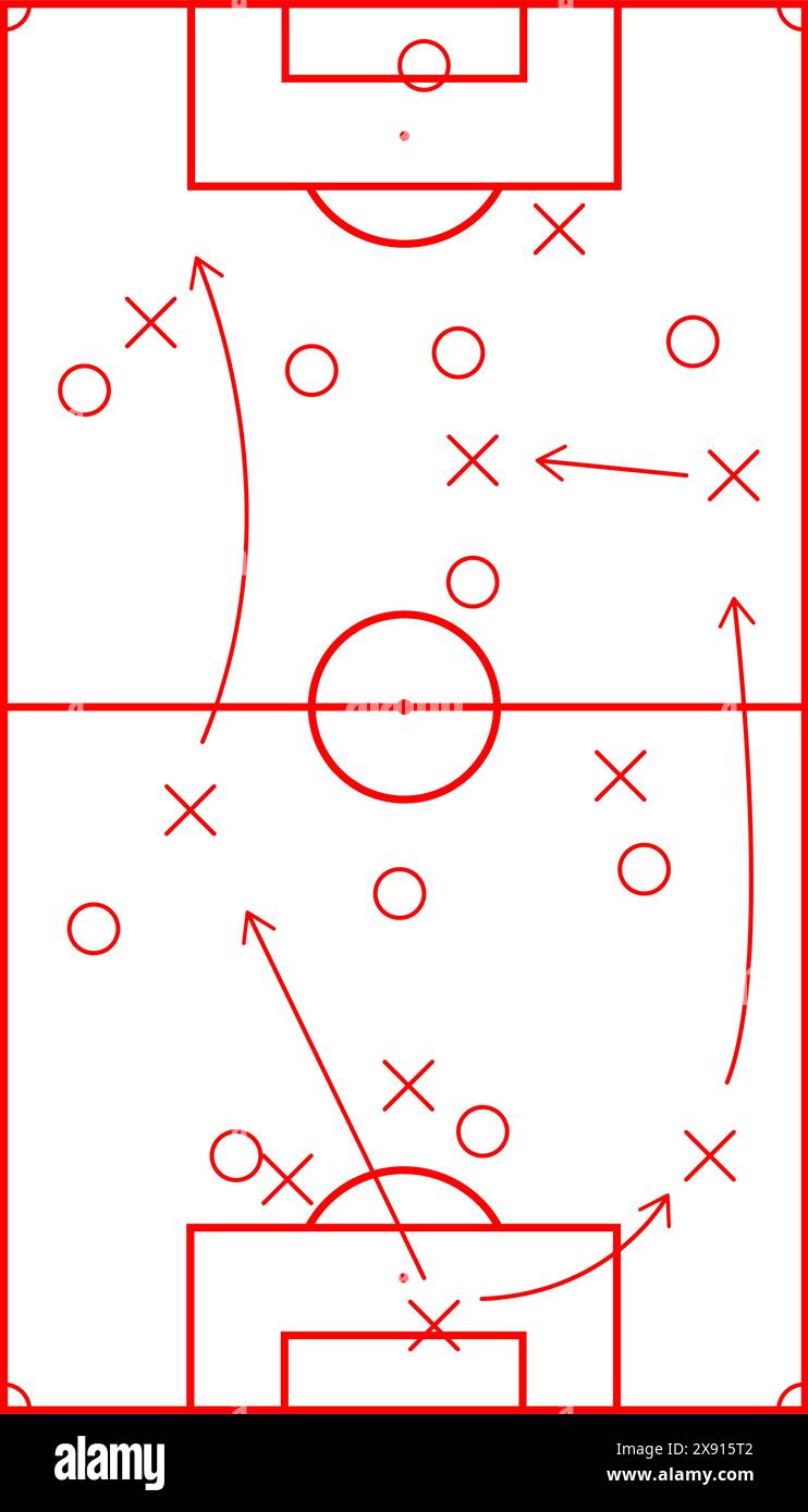 Disegnare una tattica di calcio schema di marcatore rosso piano di attacco o accumulo. Vettore del piano di gioco per giocatore, schema di calcio, strategia sportiva e ta Illustrazione Vettoriale