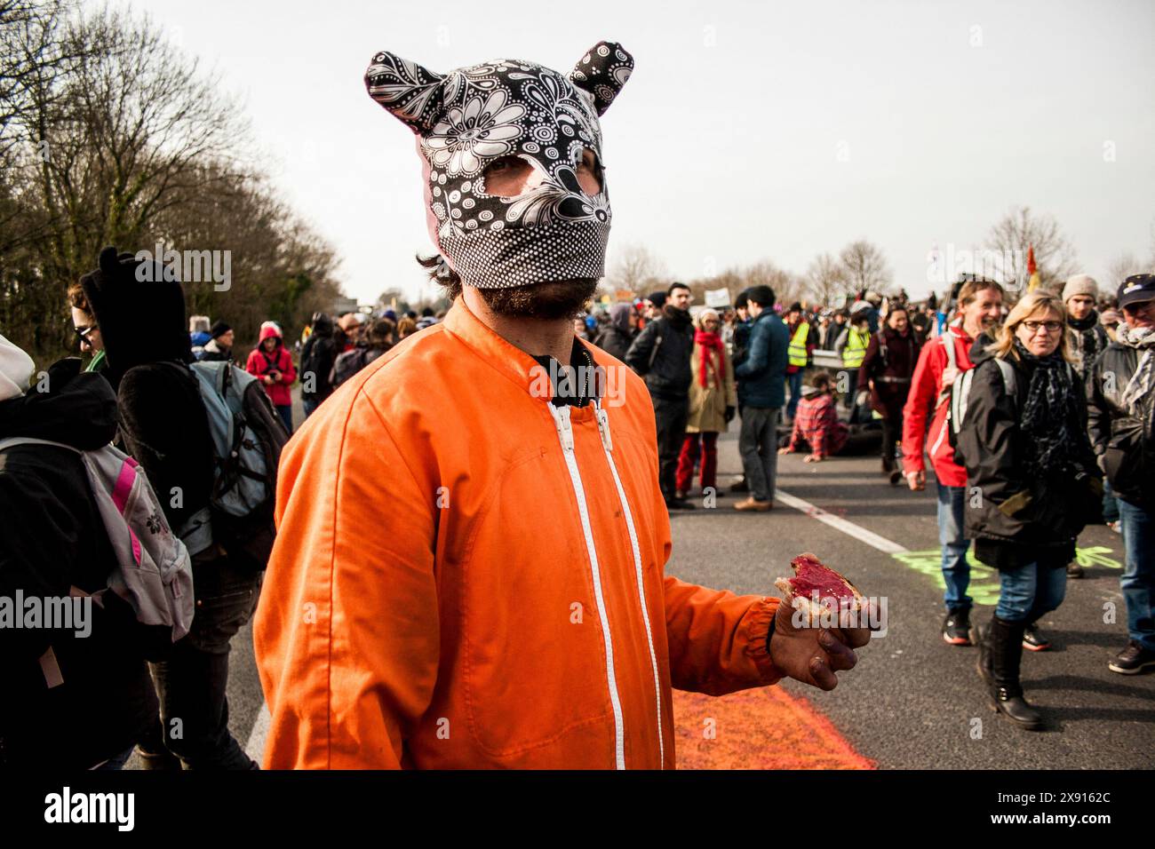 Movimento sociale contro la costruzione dell'aeroporto di Notre Dame des Landes. I manifestanti nella Francia occidentale protestano contro un progetto di costruzione di un aeroporto internazionale a Notre-Dame-des-Landes, vicino a Nantes. Francia. Foto Stock