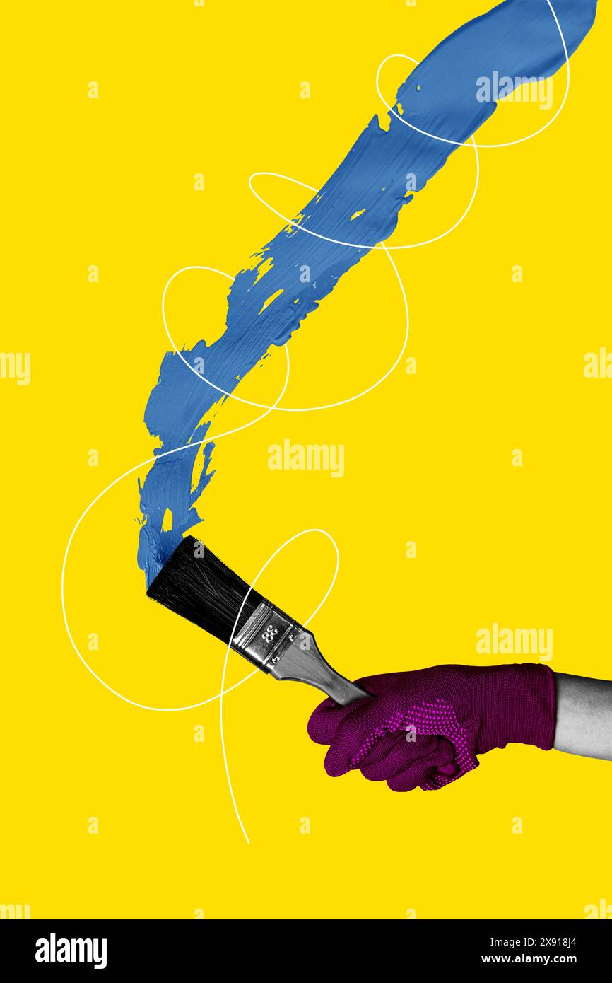 Immagine collage grafica verticale composita di un pennello con braccio isolato su sfondo creativo Foto Stock