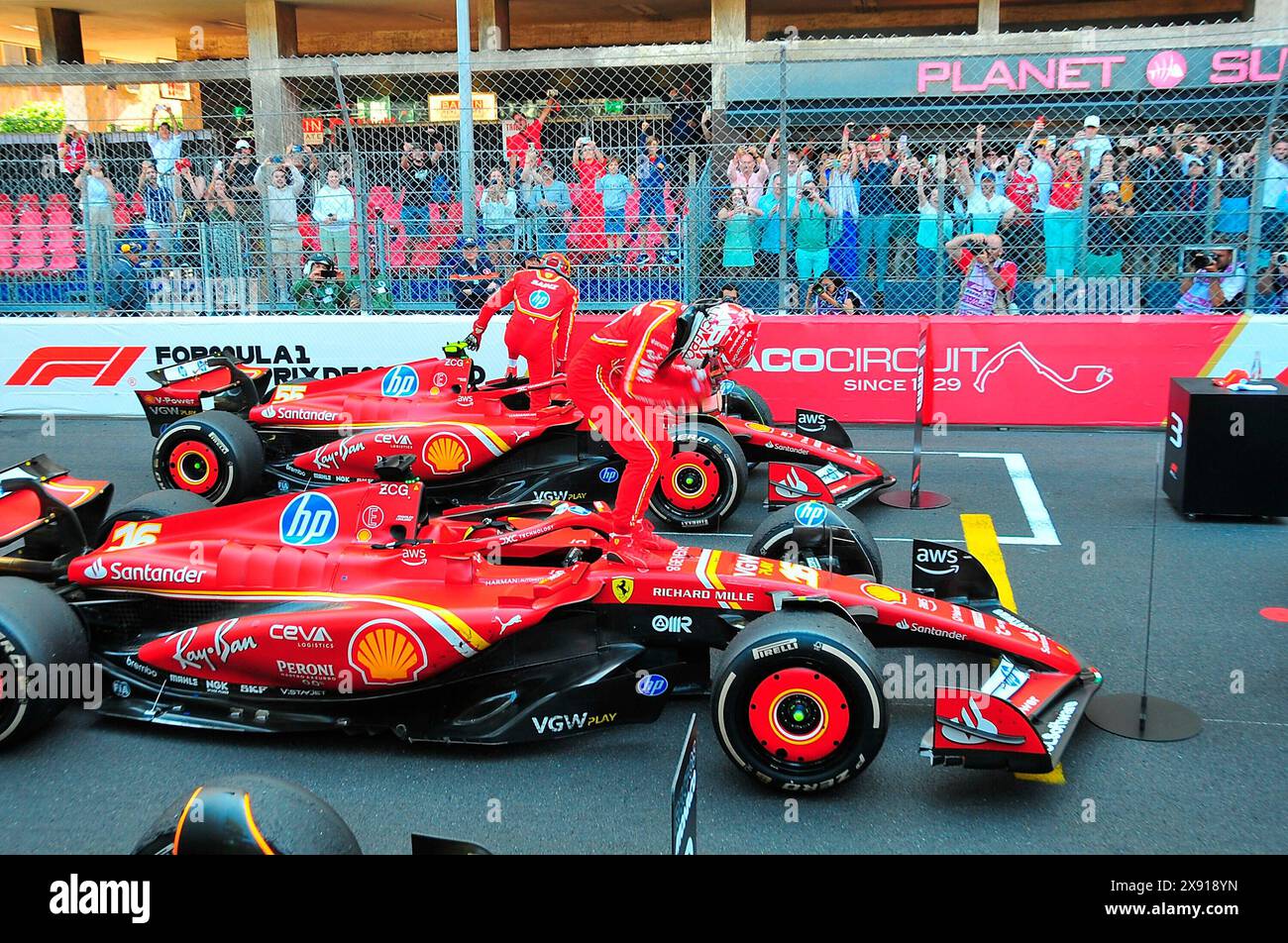 Montecarlo, Monaco. 28 maggio 2024. 28.05.2024, Circuit de Monaco, Monte Carlo, Gran Premio di Formula 1 Monaco 2024, nella foto vincitore Charles Leclerc (MCO), Scuderia Ferrari HP, Carlos Sainz Jr. (ESP), Scuderia Ferrari HP/dpa/Alamy Live News Foto Stock