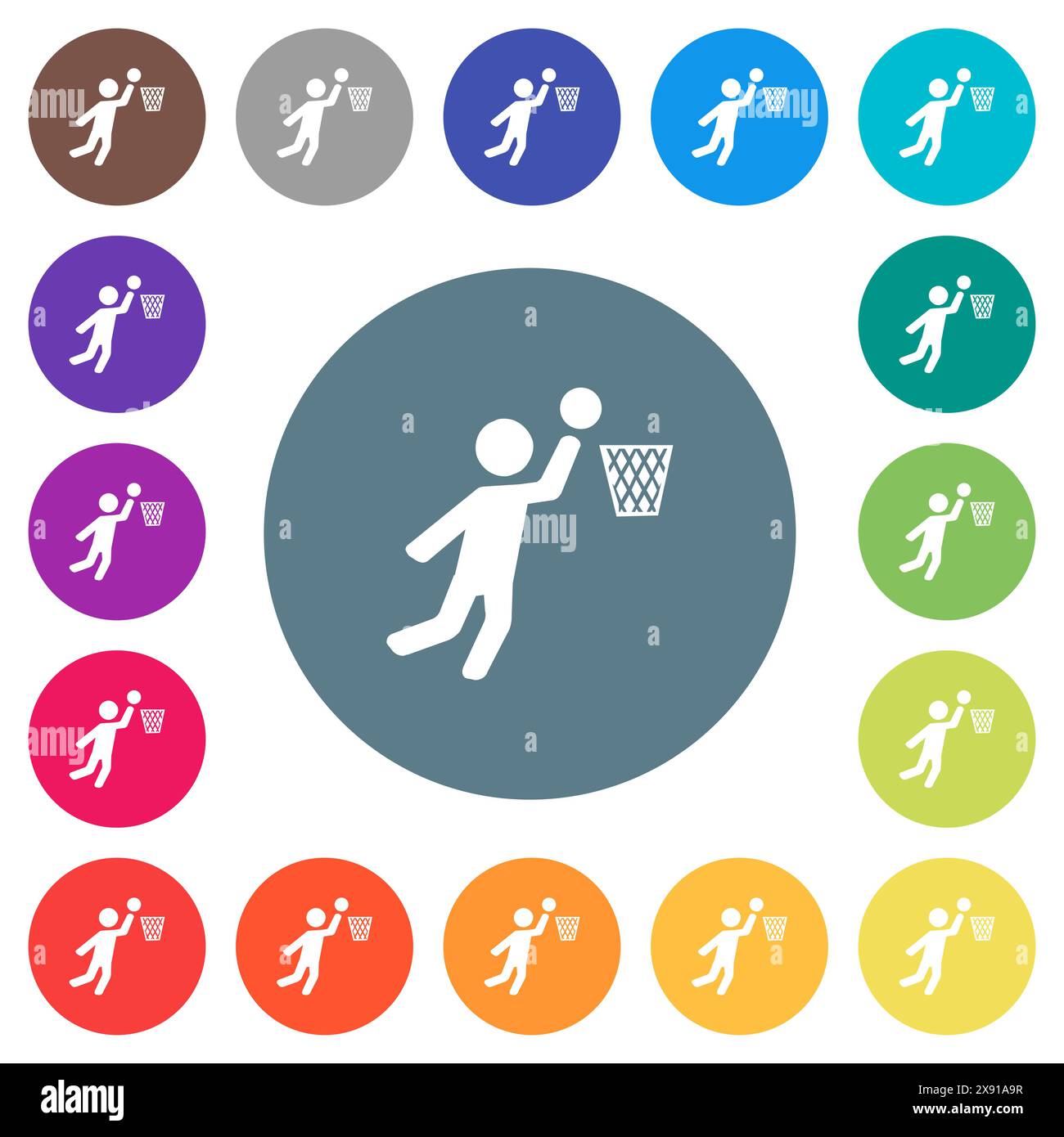 Icone bianche piatte del giocatore di pallacanestro su sfondi rotondi. sono incluse 17 variazioni di colore dello sfondo. Illustrazione Vettoriale