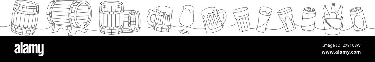 Set birra a una linea, disegno continuo. Vecchie botti di legno, lattine, bicchieri, tazze, illustrazione continua su una linea. Illustrazione lineare vettoriale. Illustrazione Vettoriale