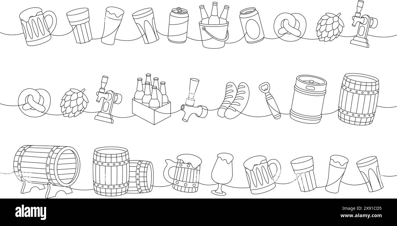 Set di disegni continui a una linea per birreria. Botti di legno, lattine, bicchieri, tazze, fusto di metallo, apribottiglie, salsicce, rubinetto, cono hop. Illustrazione Vettoriale