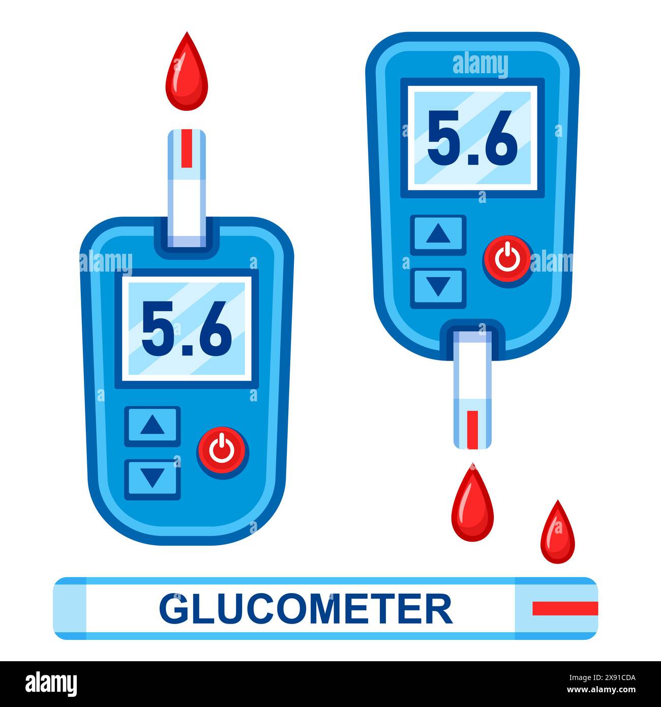 Glucometro, misuratore di glucosio nel sangue, controllo dell'insulina diabetica. Misurazione medica del livello di zucchero dal dito della mano. Icona diagnosi di malattia del diabete Illustrazione Vettoriale
